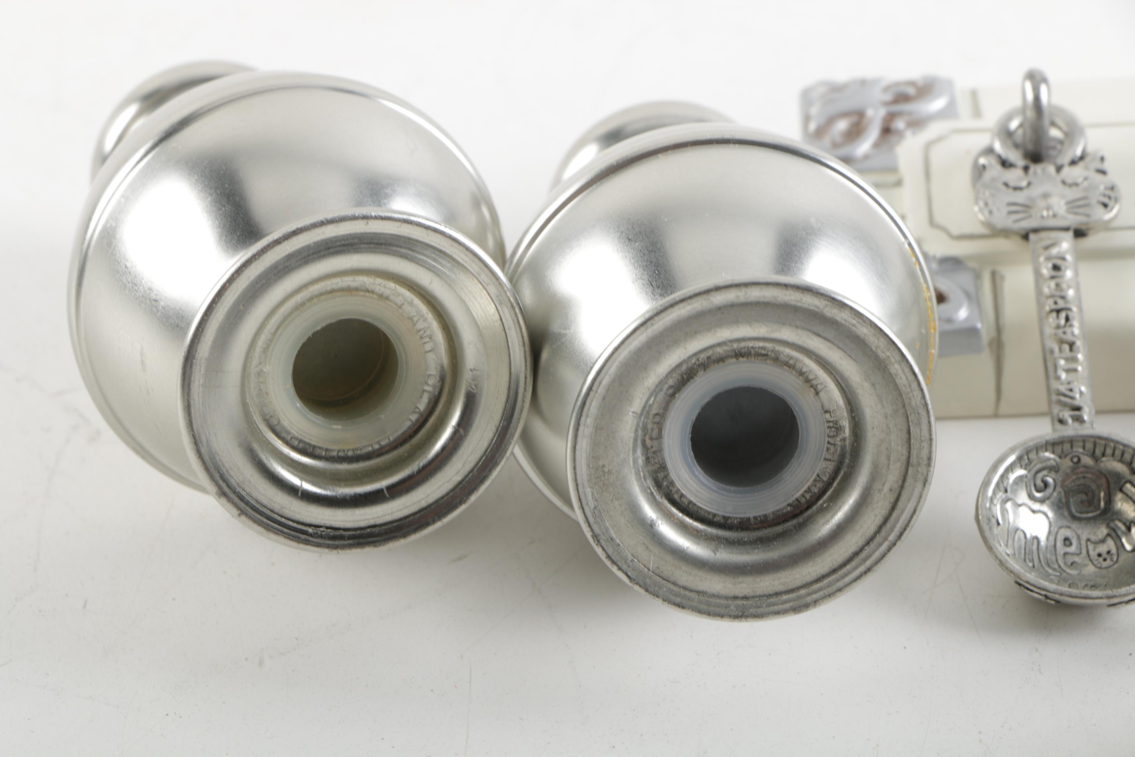 Vintage Metawa Pewter Shakers with Cat Motif Measuring Spoons