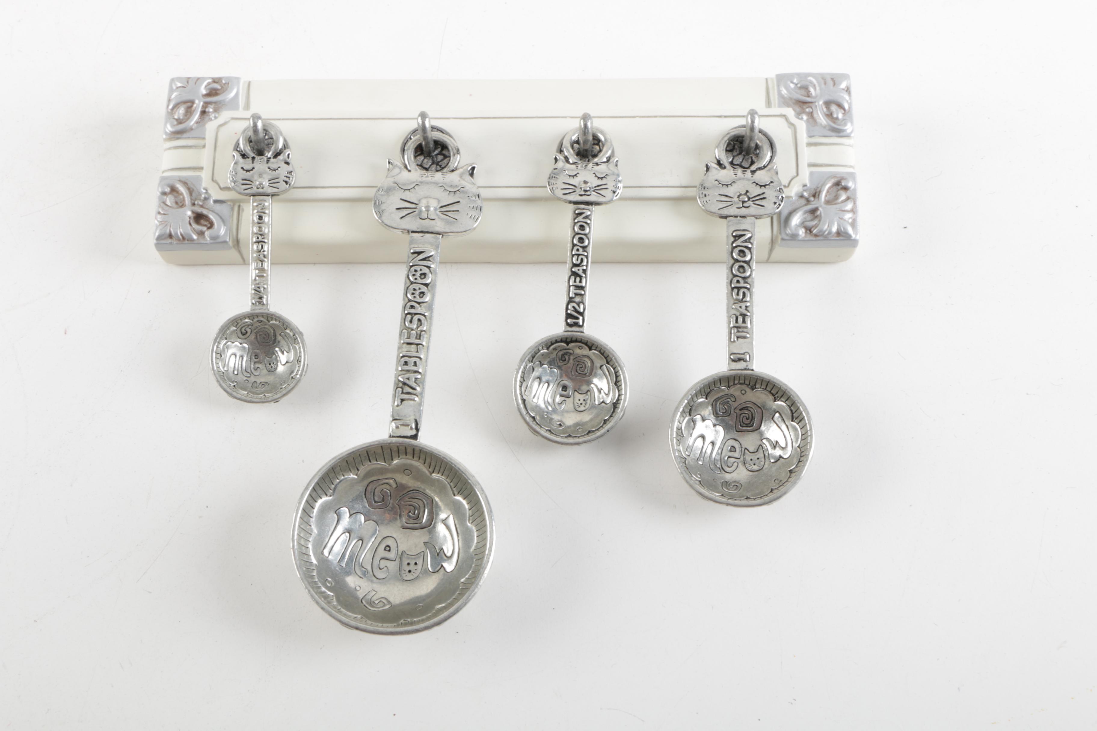 Vintage Metawa Pewter Shakers with Cat Motif Measuring Spoons