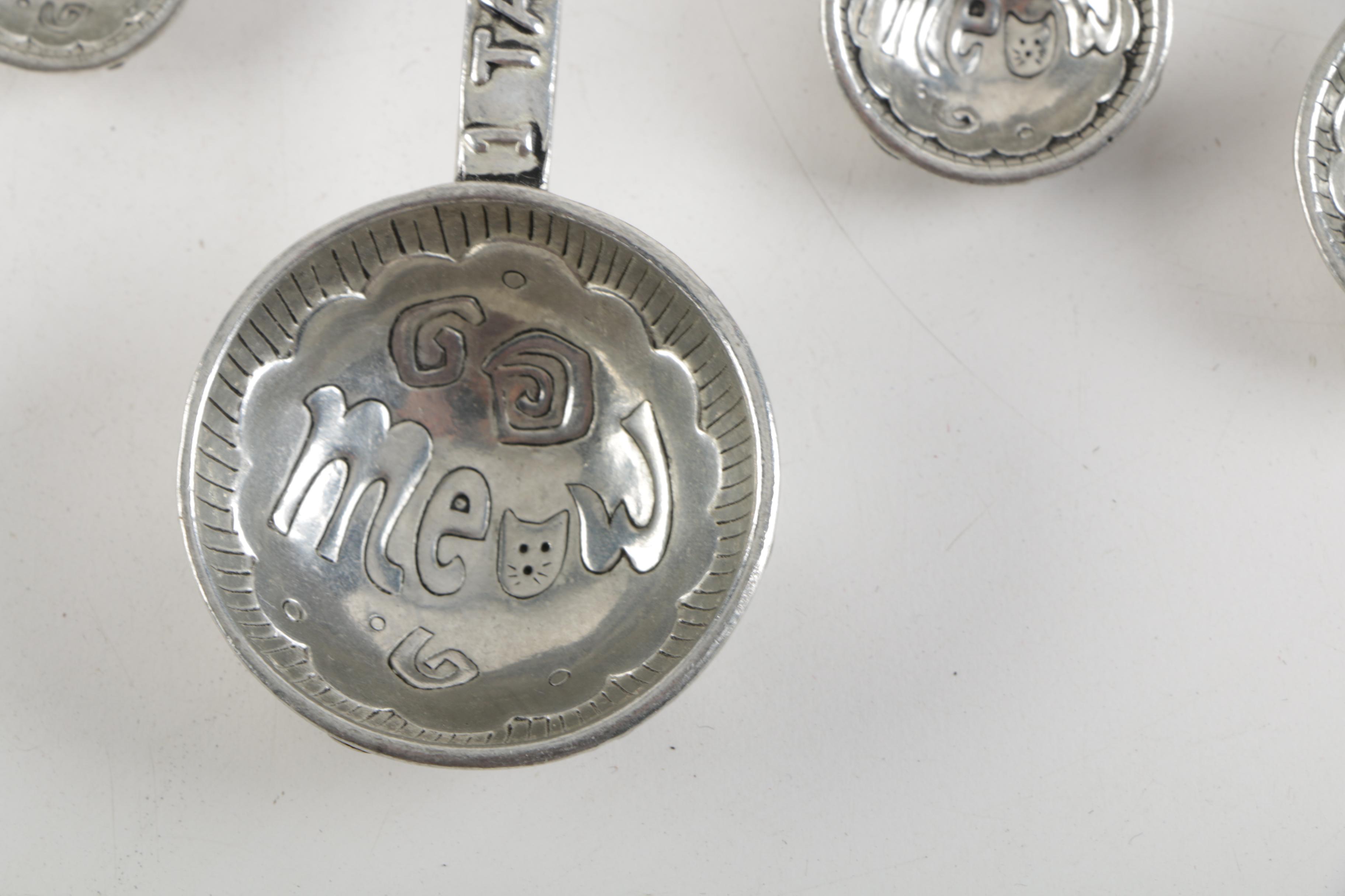 Vintage Metawa Pewter Shakers with Cat Motif Measuring Spoons