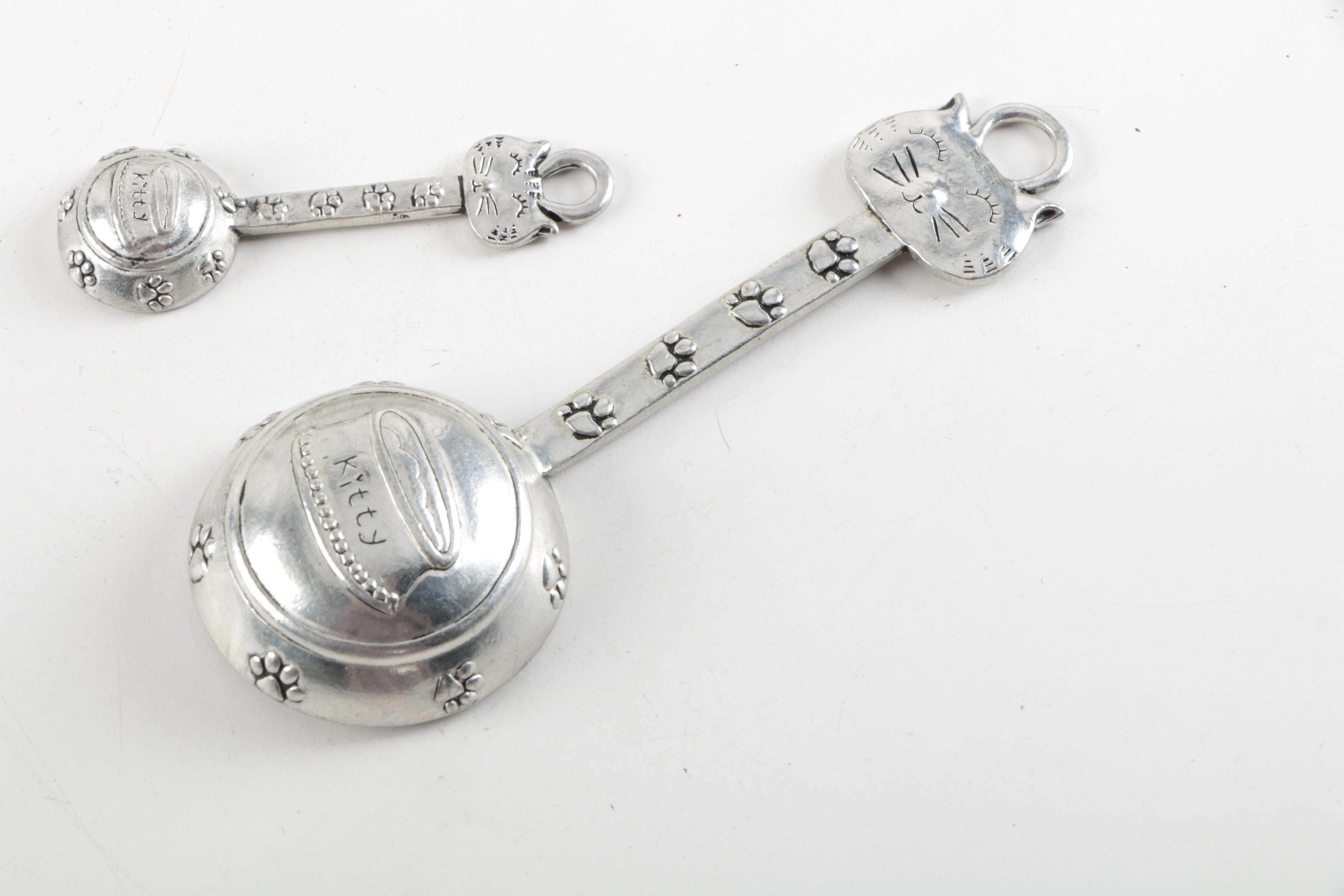 Vintage Metawa Pewter Shakers with Cat Motif Measuring Spoons