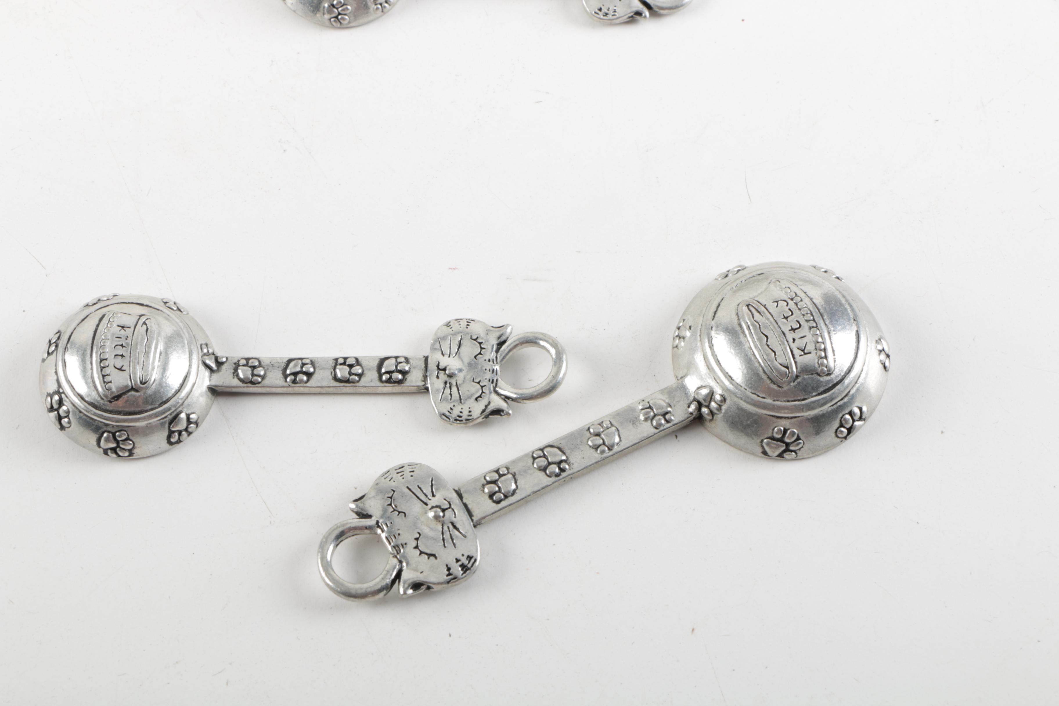 Vintage Metawa Pewter Shakers with Cat Motif Measuring Spoons