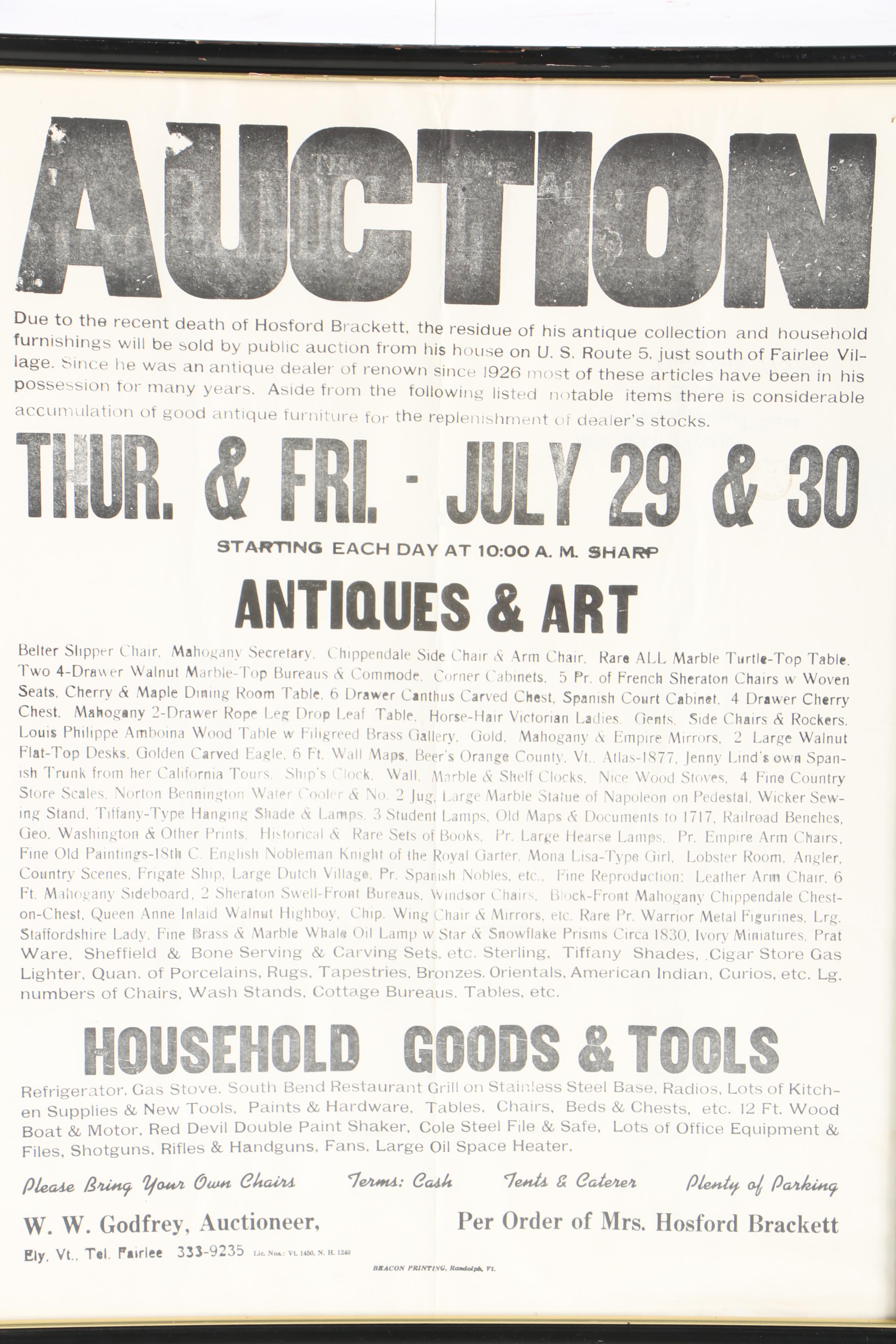 Hosford Brackett Estate Auction Poster, C. 1976