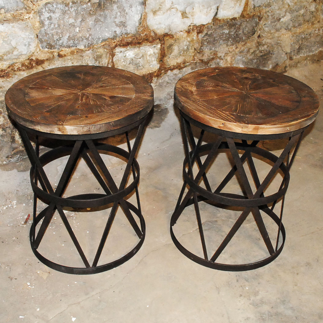 Matching Pair of Inlaid Wood and Metal End Tables