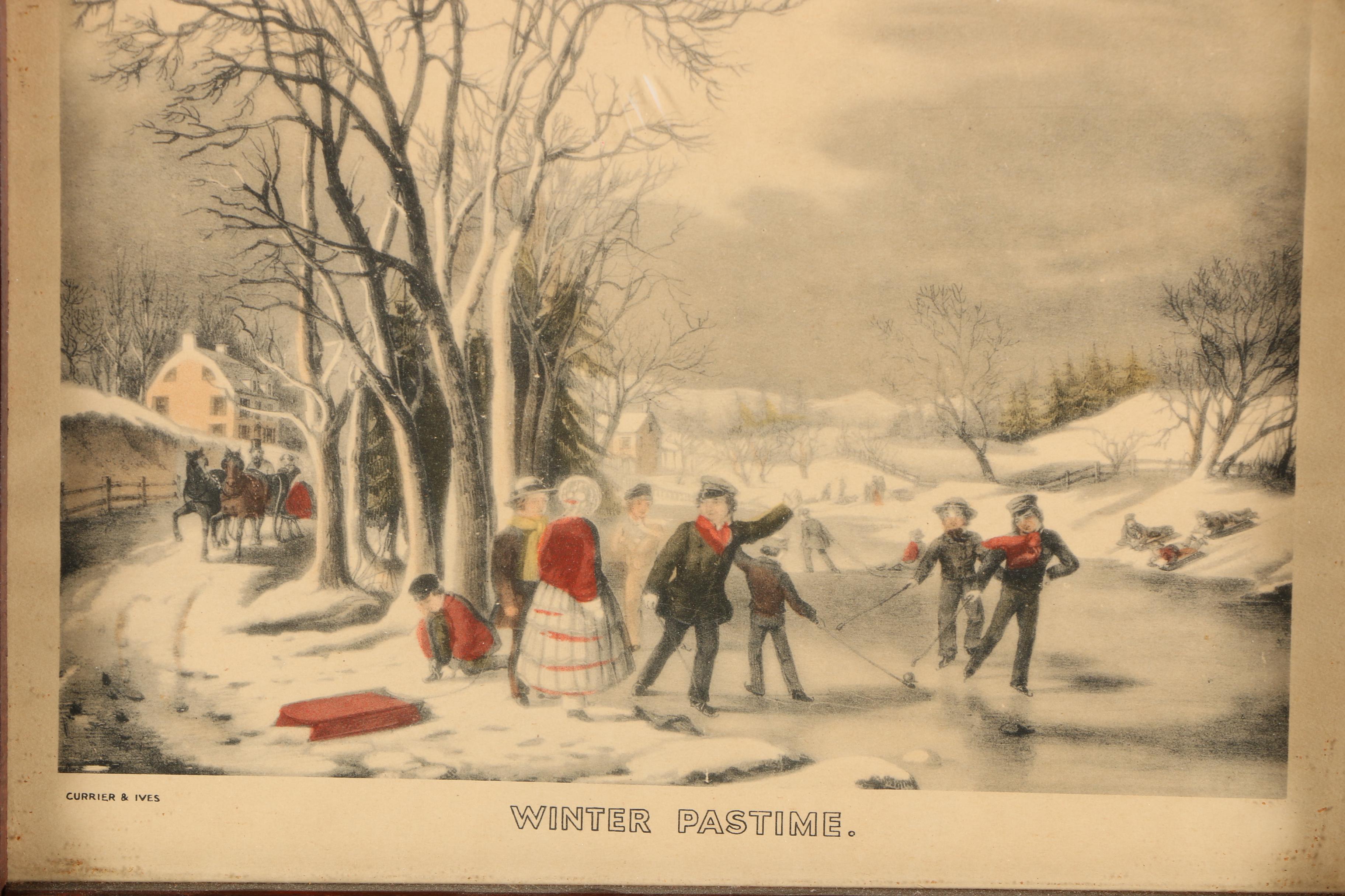 Vintage Empire Style Trumeau Mirror with Currier & Ives "Winter Pastime" Print