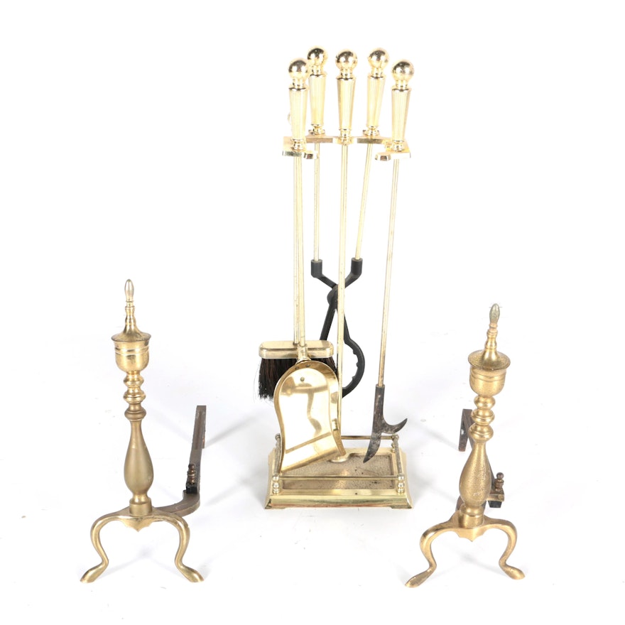 Brass Handled Fireplace Tools with Stand and Federal-Style Andirons