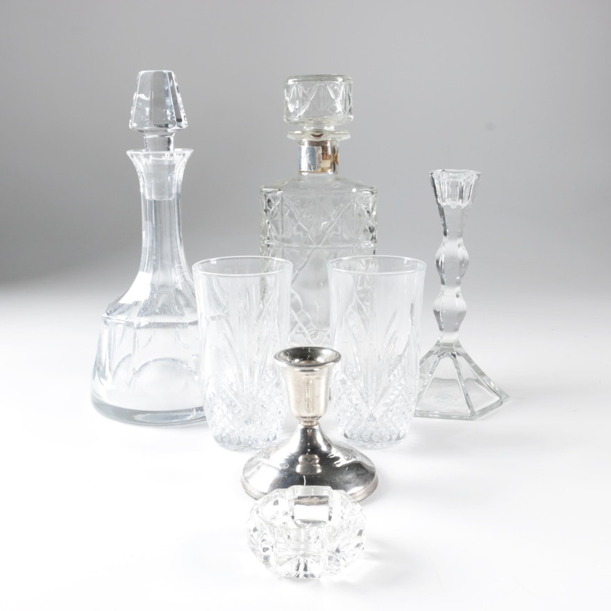 Collection of Crystal and Glass Decanters, Glasses, Candle Holders and Dish