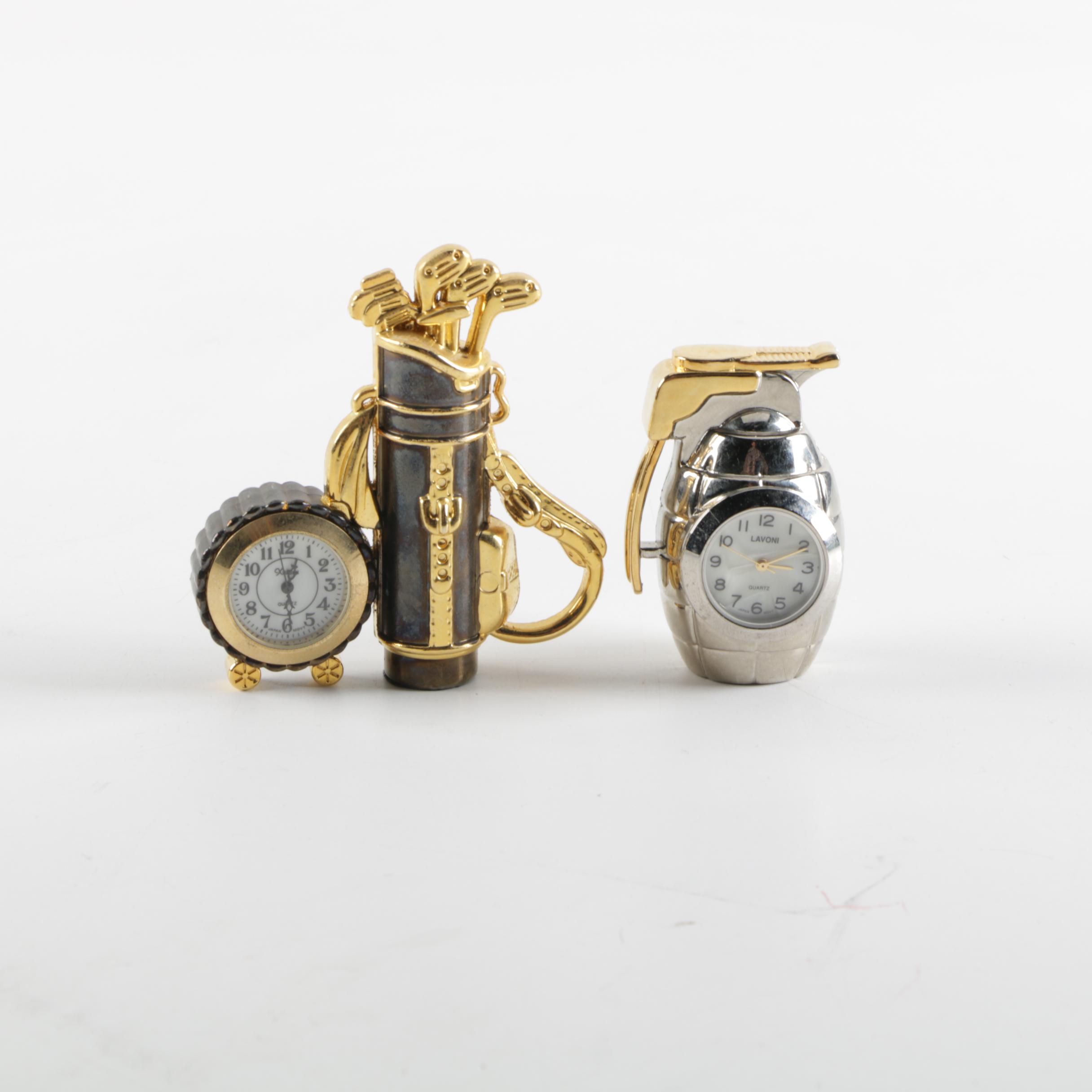 Miniature Golf Bag and Grenade Style Desk Clocks