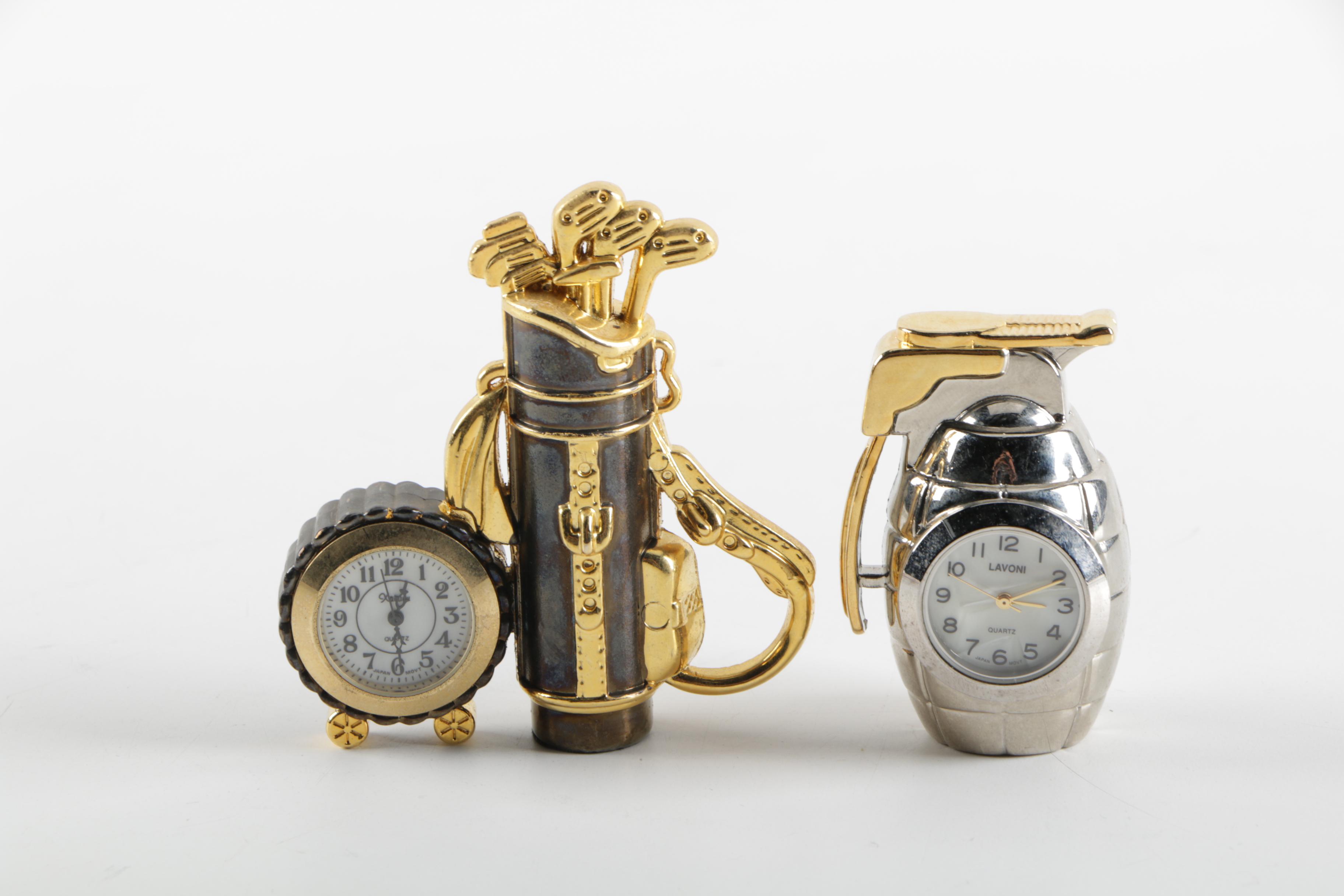 Miniature Golf Bag and Grenade Style Desk Clocks