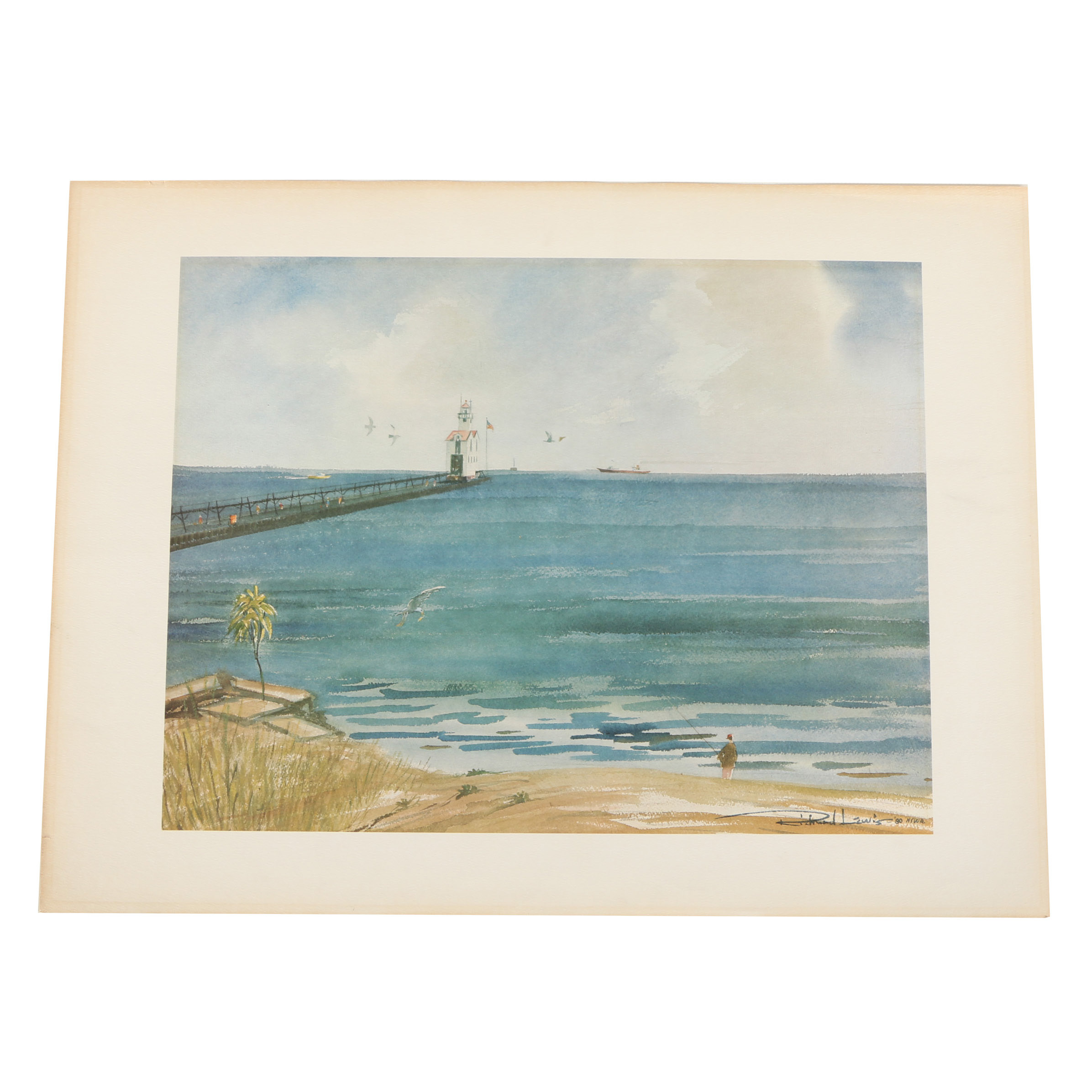 Offset Lithograph After Richard Lewis of Beach Landscape with Pier Lighthouse