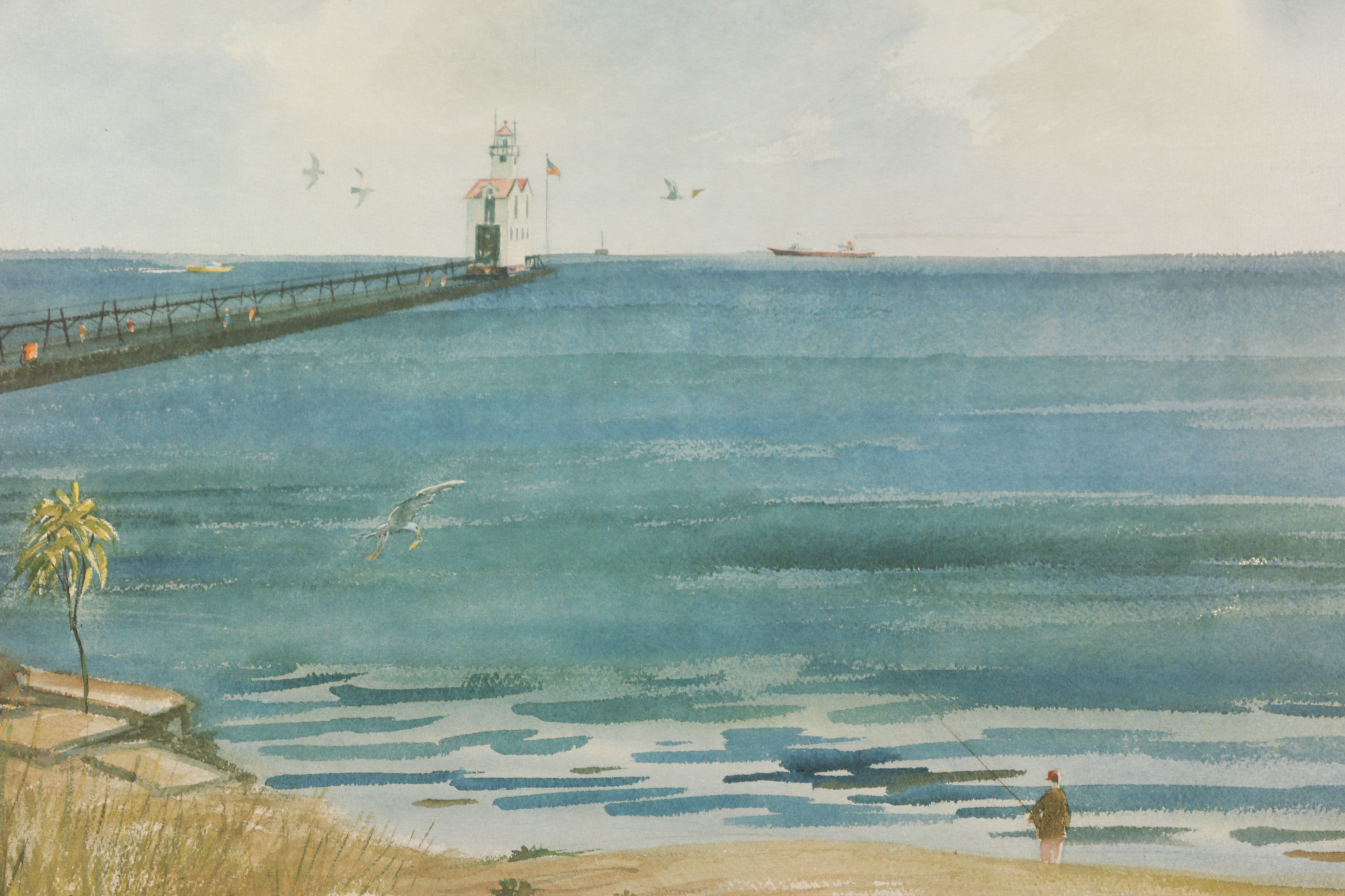 Offset Lithograph After Richard Lewis of Beach Landscape with Pier Lighthouse