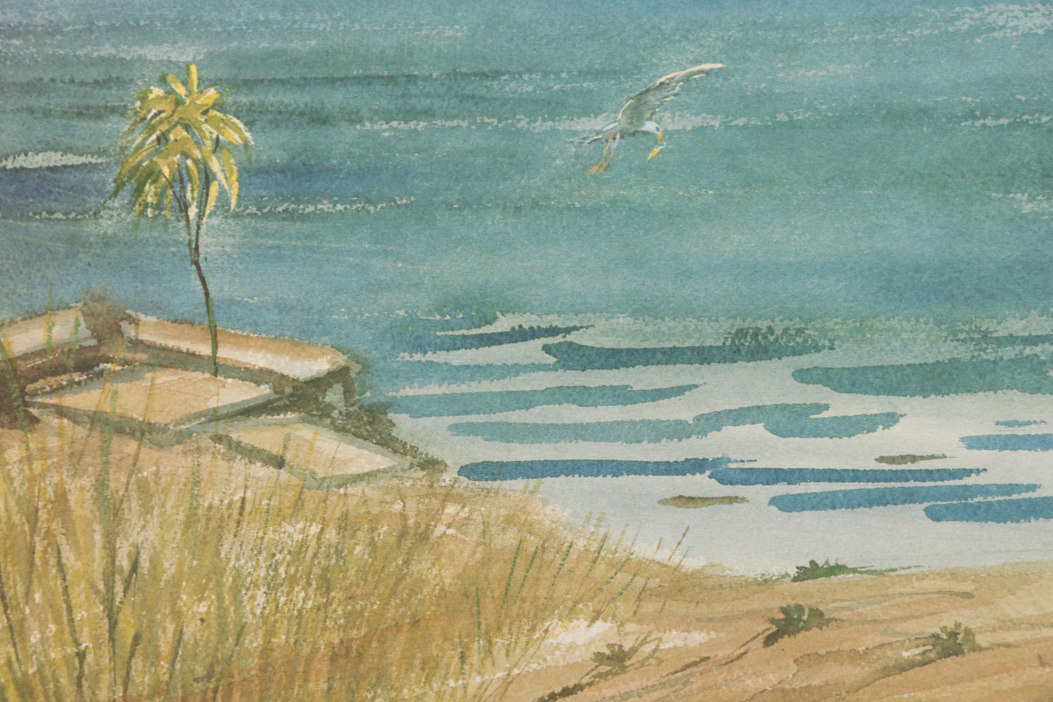 Offset Lithograph After Richard Lewis of Beach Landscape with Pier Lighthouse