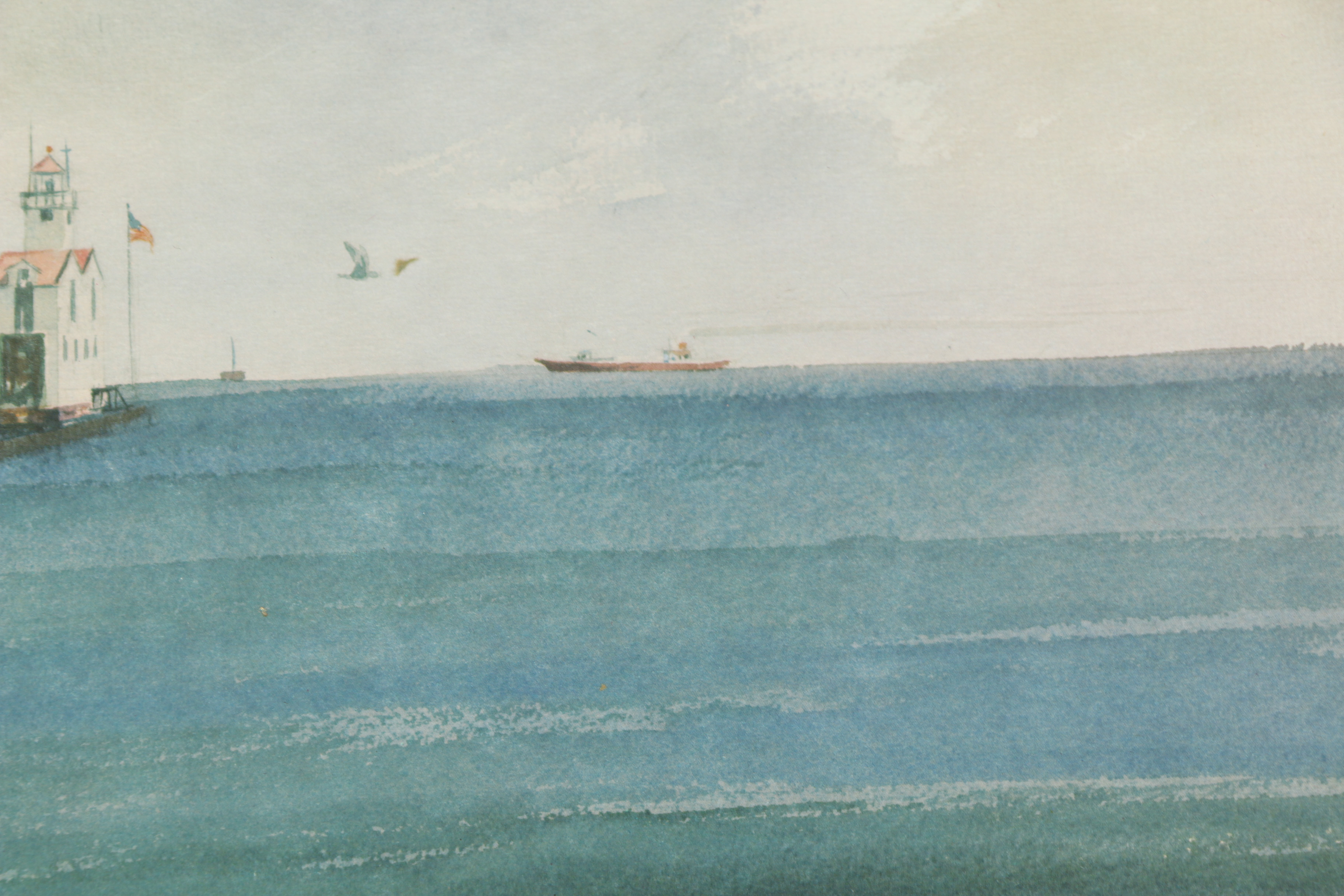 Offset Lithograph After Richard Lewis of Beach Landscape with Pier Lighthouse