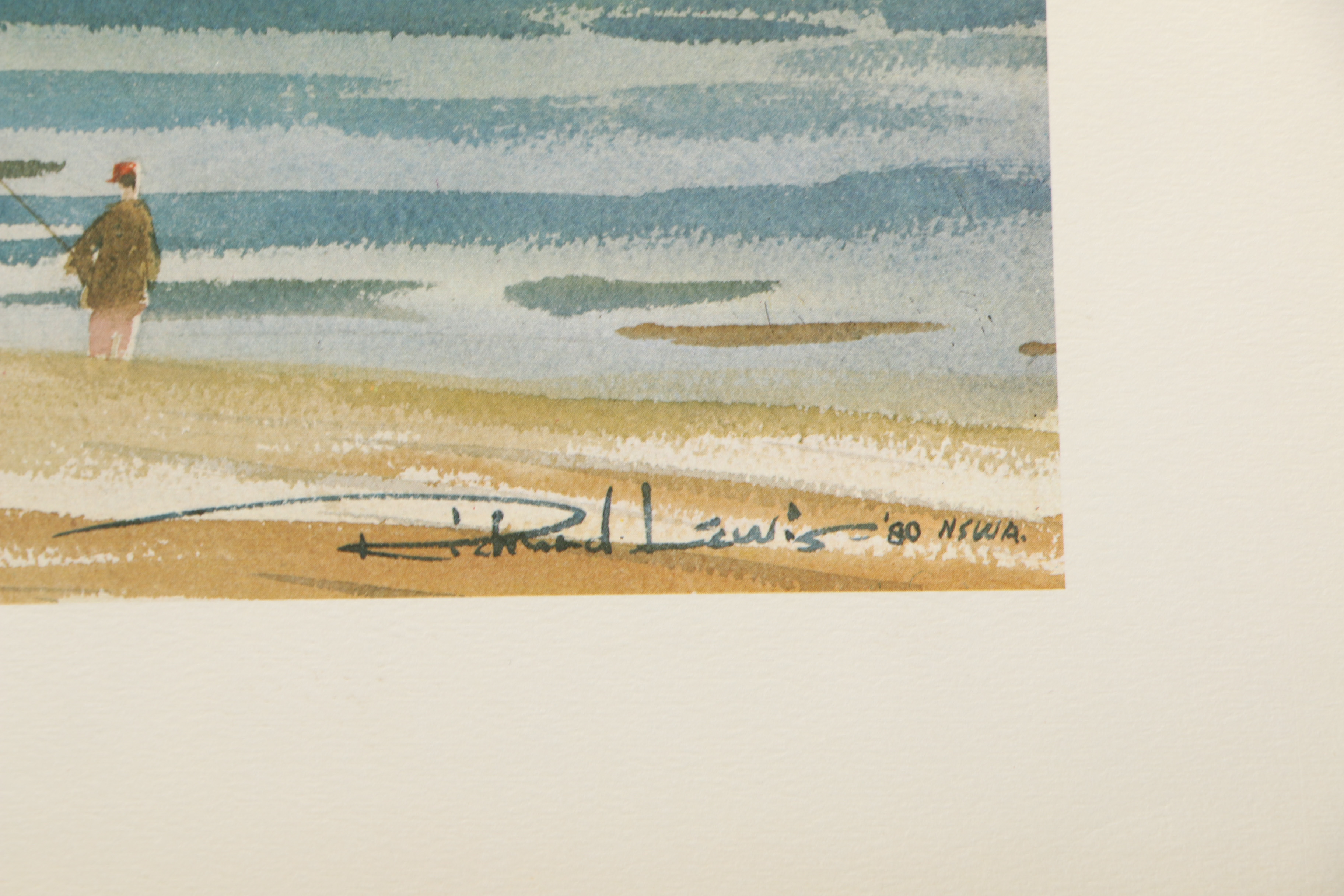 Offset Lithograph After Richard Lewis of Beach Landscape with Pier Lighthouse