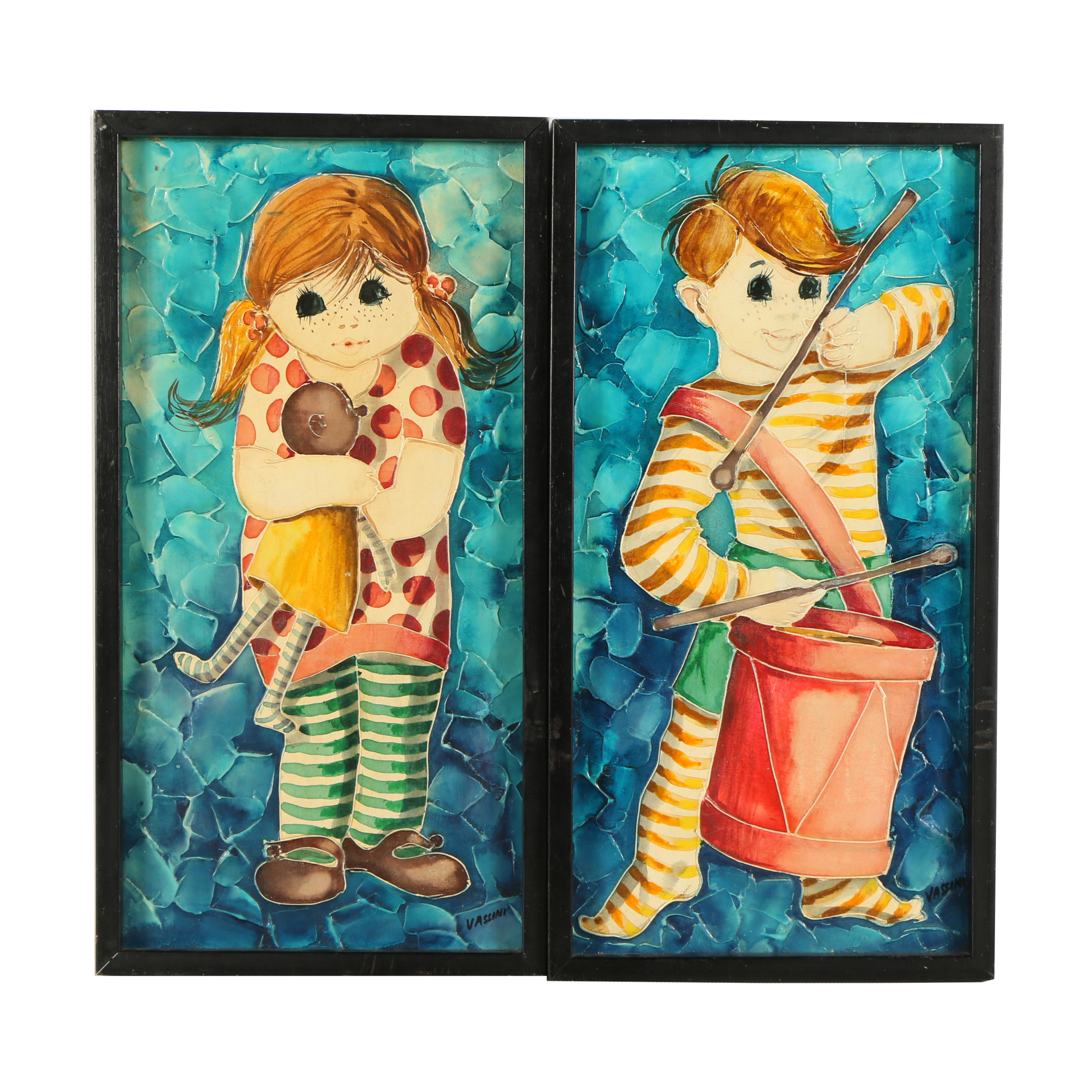 Vassini Circa 1970s Mixed Media Portraits of Boy and Girl