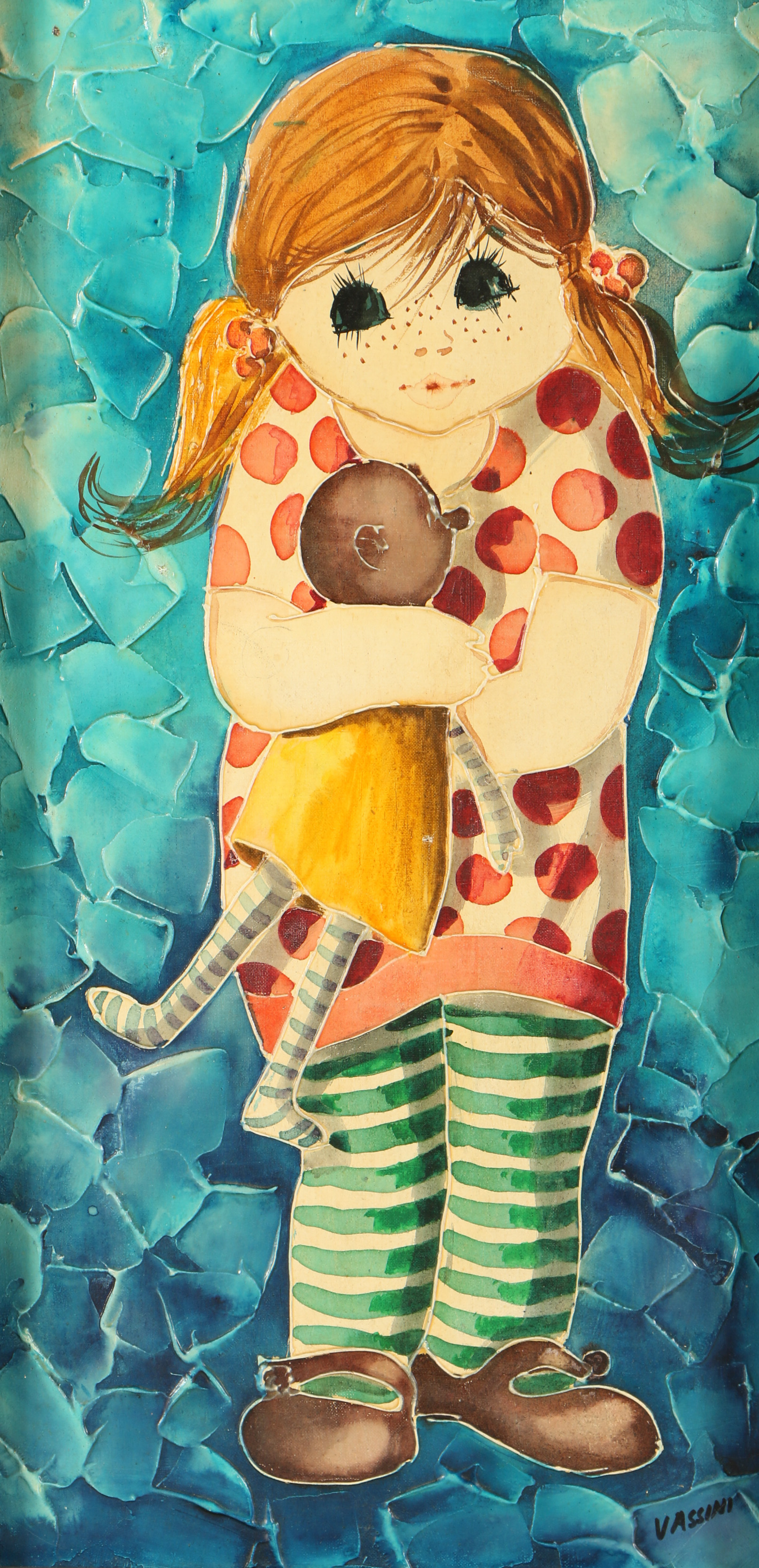 Vassini Circa 1970s Mixed Media Portraits of Boy and Girl