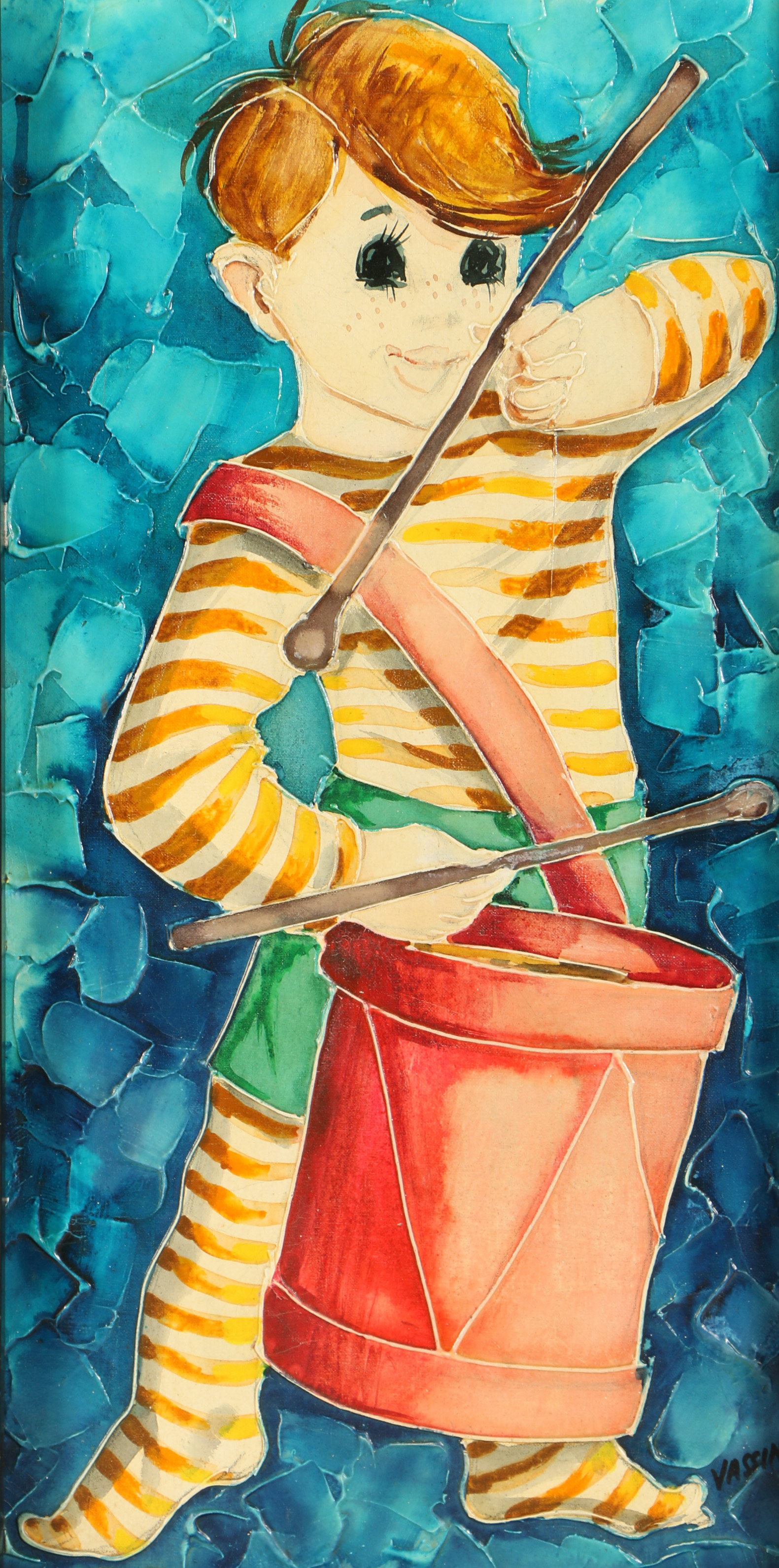 Vassini Circa 1970s Mixed Media Portraits of Boy and Girl