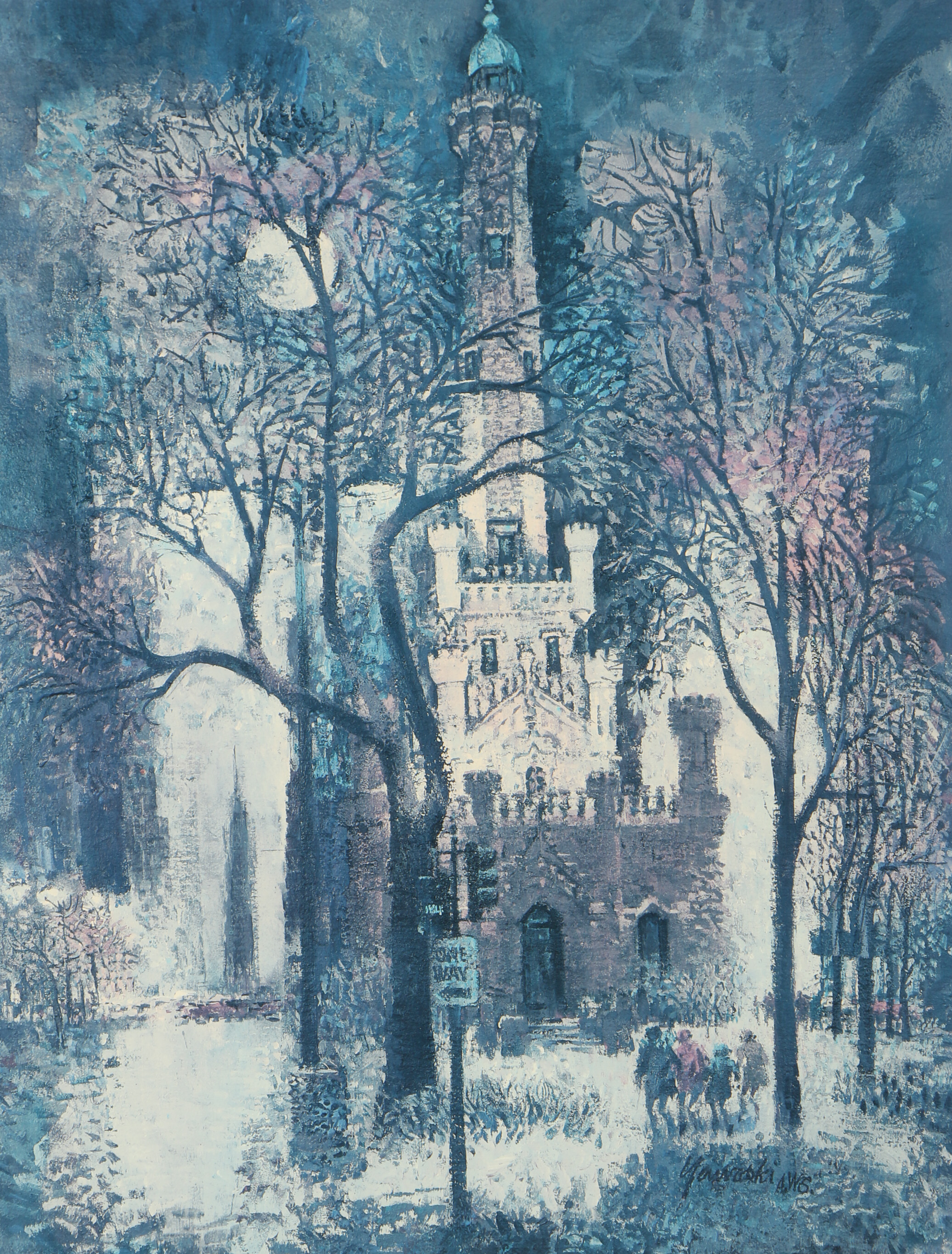 Alex F. Yaworski Offset Lithograph "Chicago Water Tower and Moon"