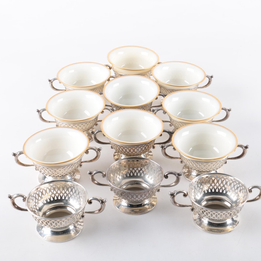 Lenox Bouillon Bowls and Sterling Silver Holders
