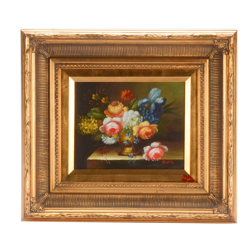 Signed Oil on Board Painting of Floral Still Life