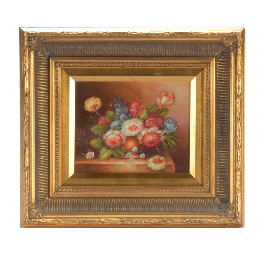 Signed Oil Painting of Board of Floral Still Life