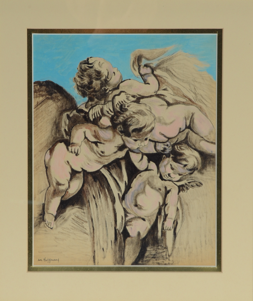 Jos Hoffman Oil Painting on Canvas Board after Peter Paul Rubens "Cherubs"
