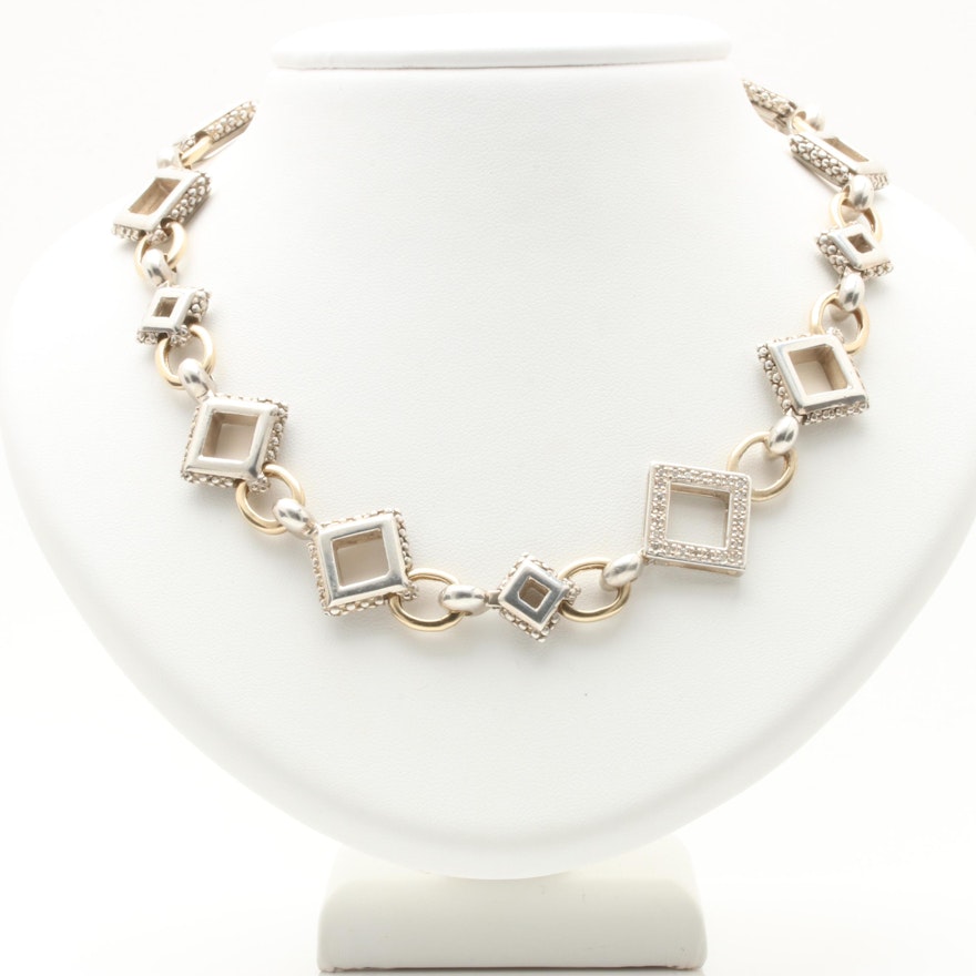Sterling Silver Diamond Necklace with 14K Yellow Gold Accents