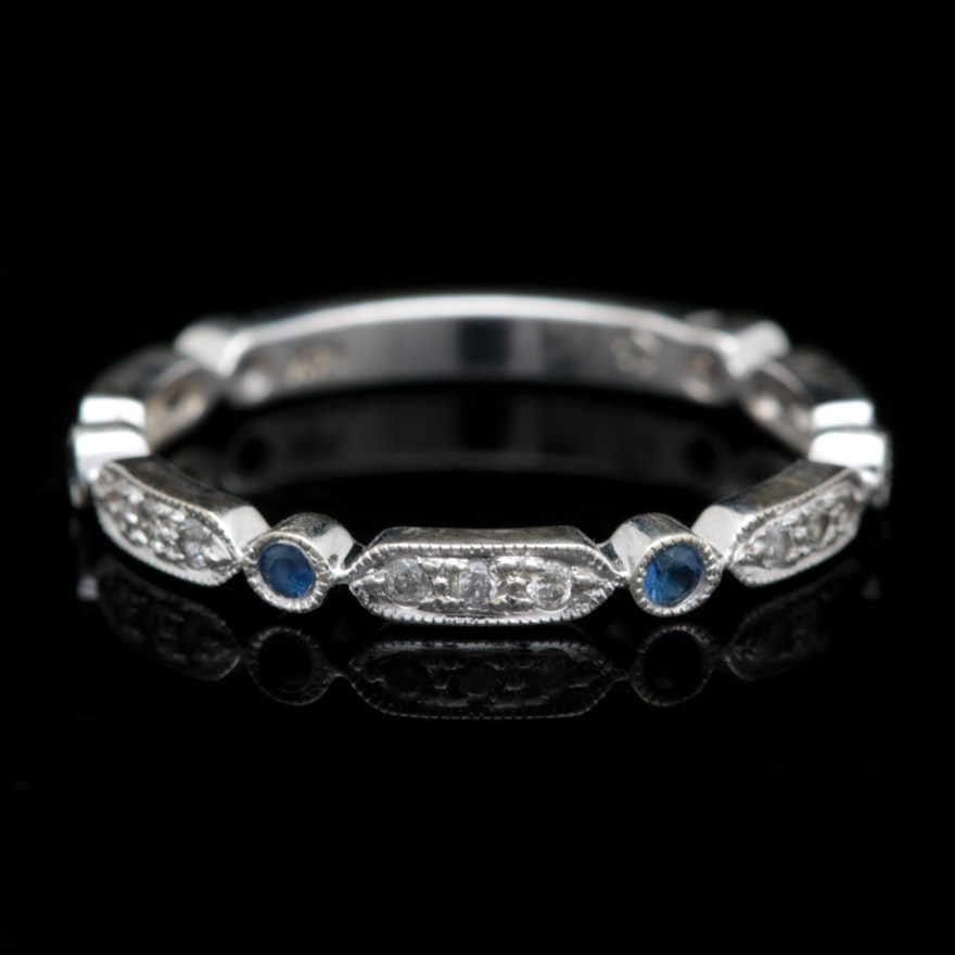 14K White Gold, Blue Sapphire and Diamond Band