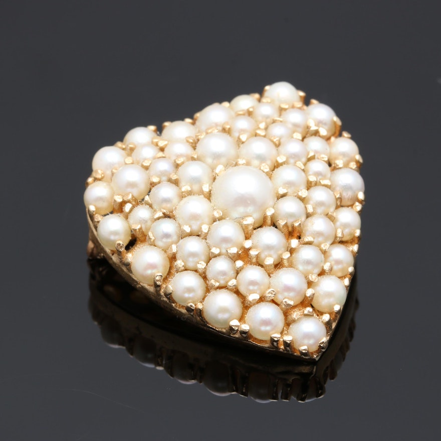 14K Yellow Gold Cultured Pearl Heart Converter Brooch