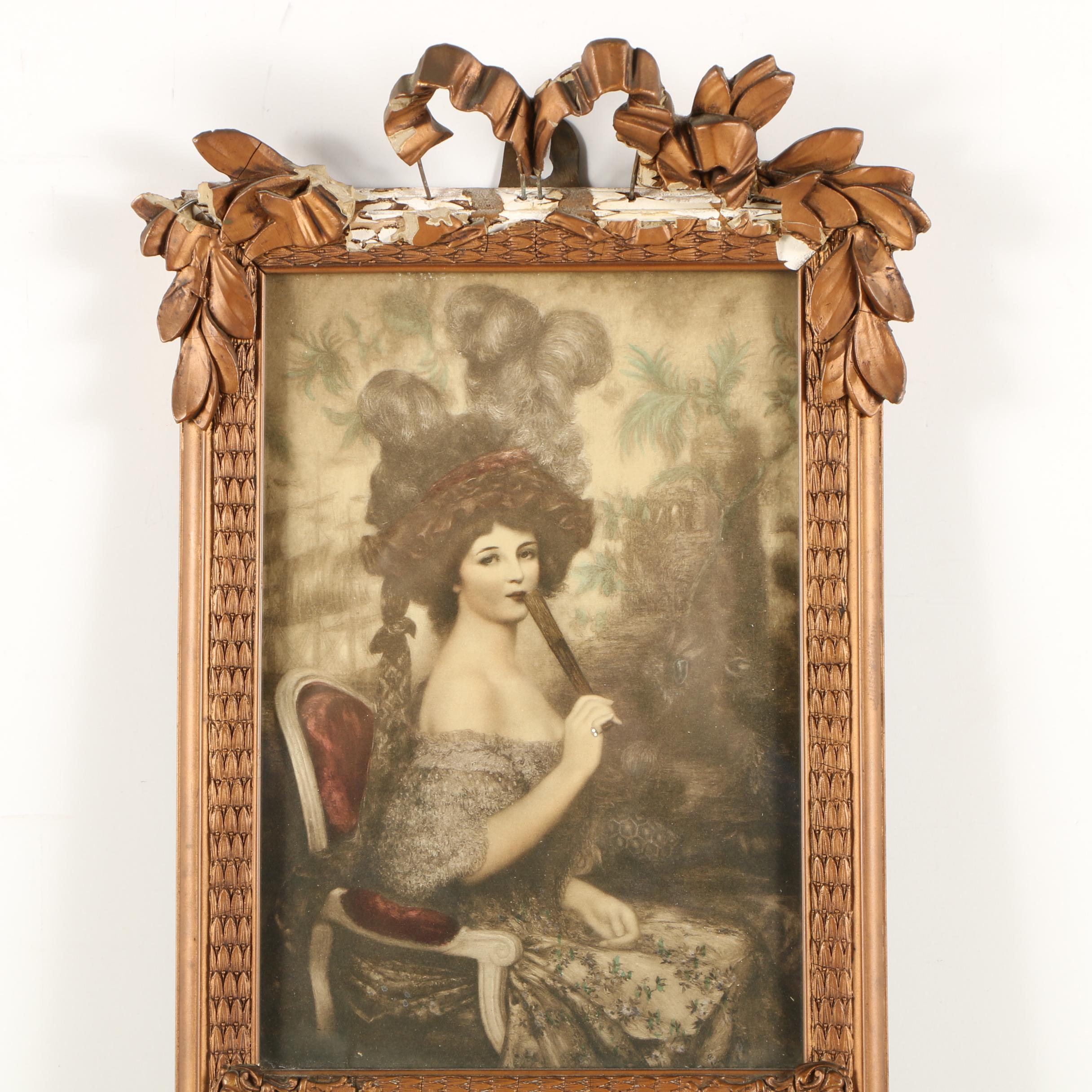 Antique Trumeau Mirror with Crayon Portrait