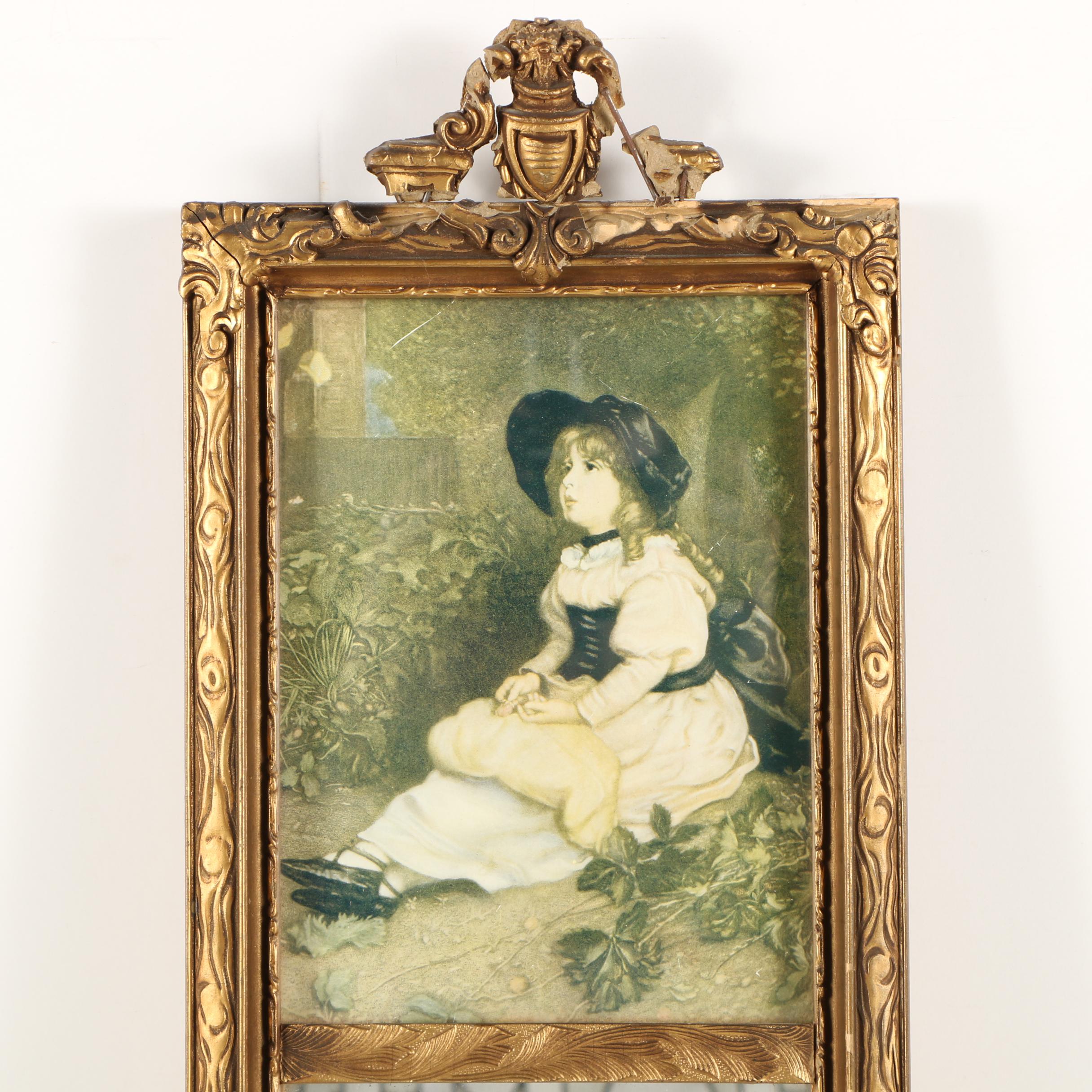 Vintage Empire Style Giltwood Trumeau Mirror with Inset Halftone Print