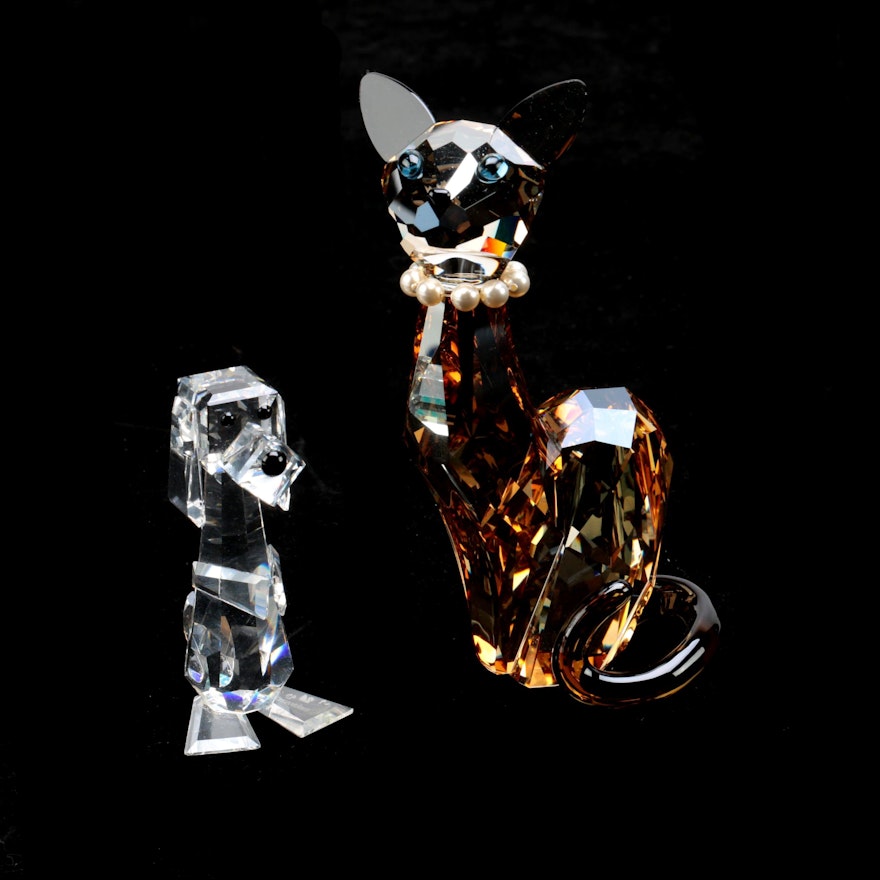 Swarovski Crystal Lovlots Siamese Cat and Standing Pluto Dog Figurines
