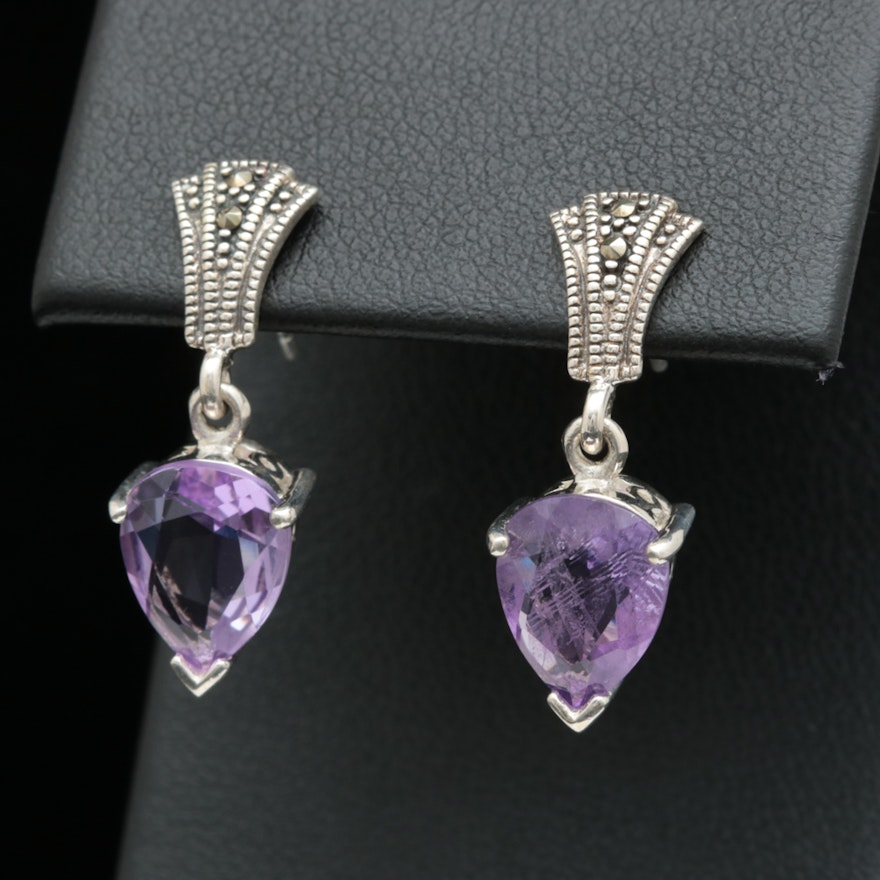 Sterling Silver, Amethyst and Marcasite Dangle Earrings