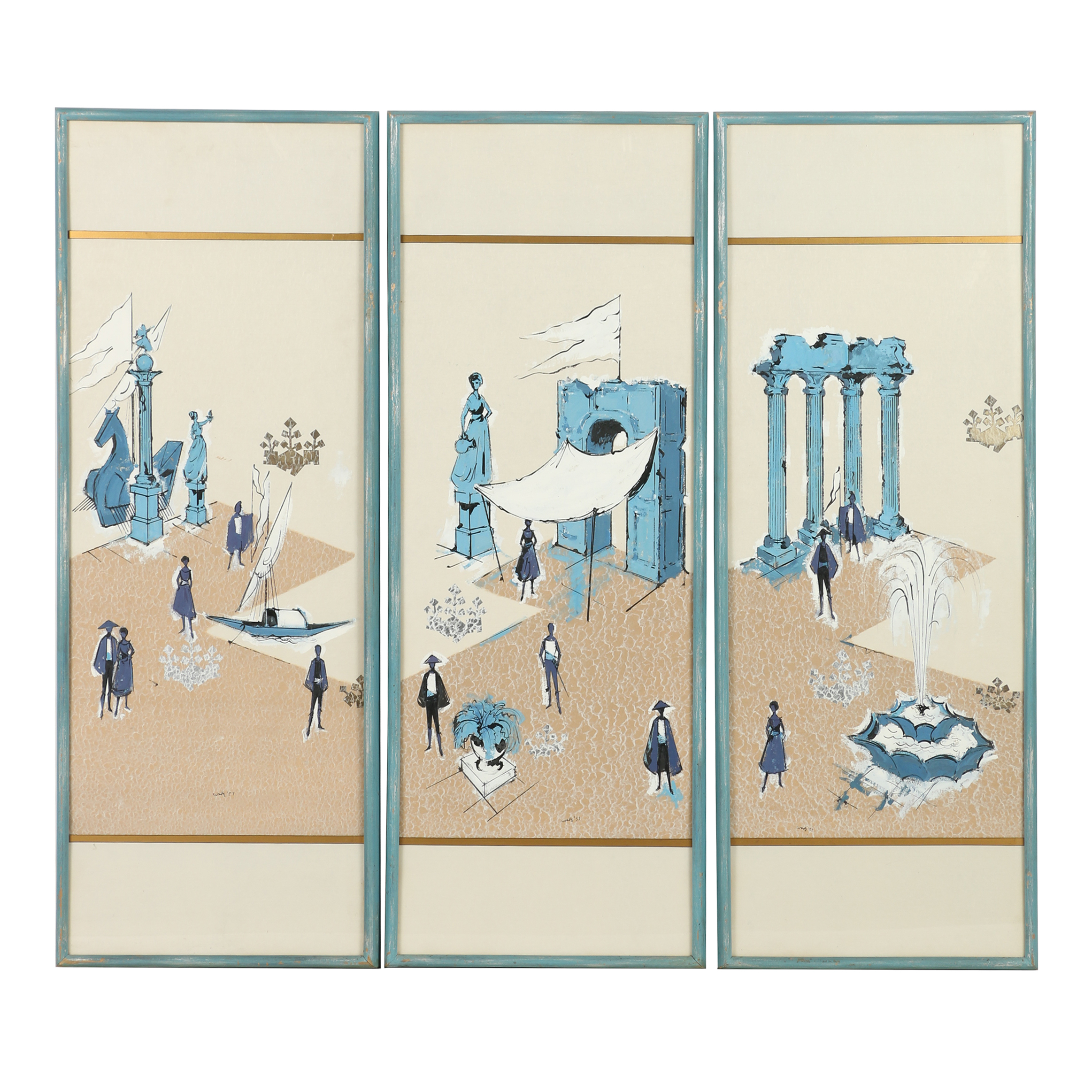 1957 Wade Ray Mixed Media Triptych "Venetian Fantasy"