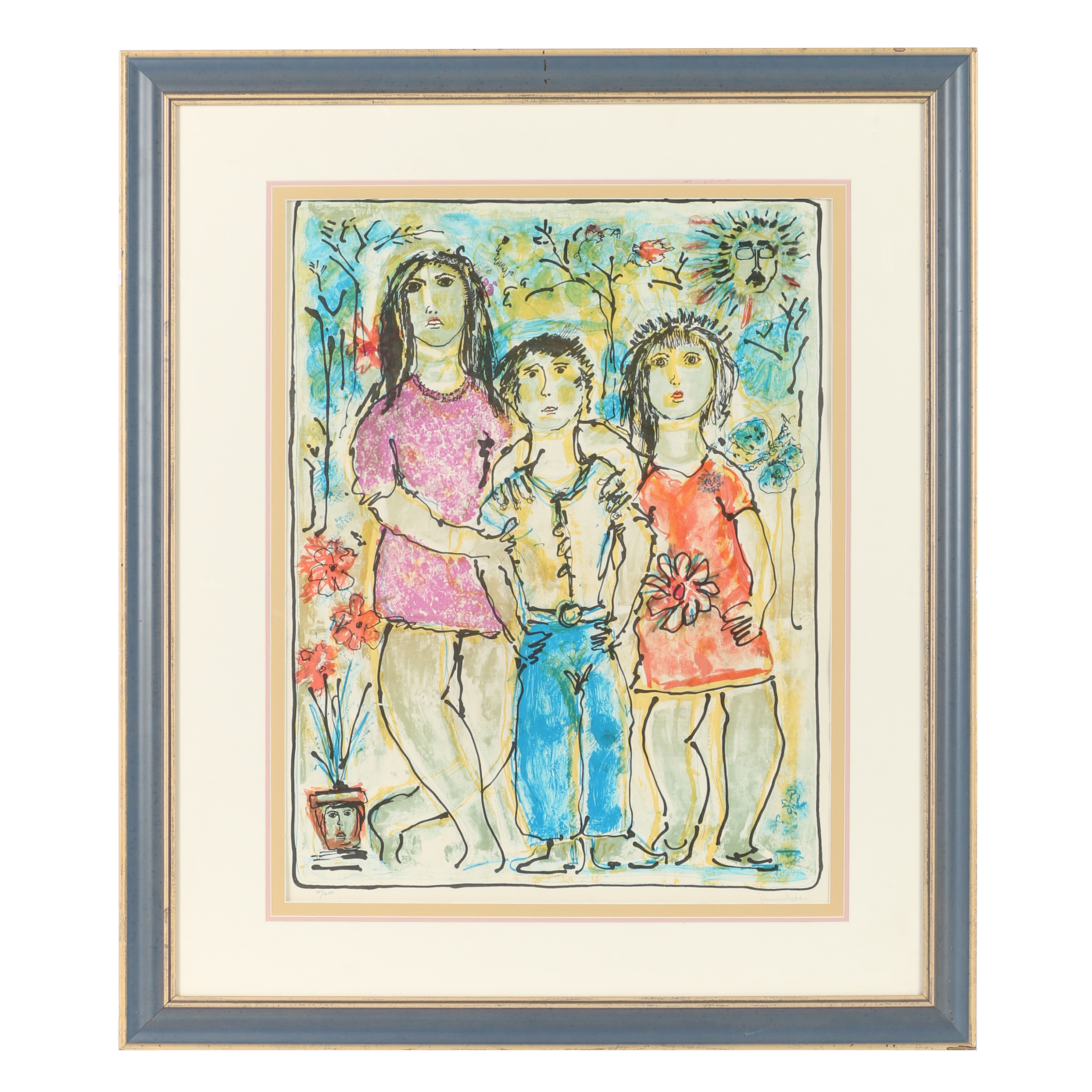 Yanni Posnakoff Circa 1970s Lithograph of Woman and Two Children
