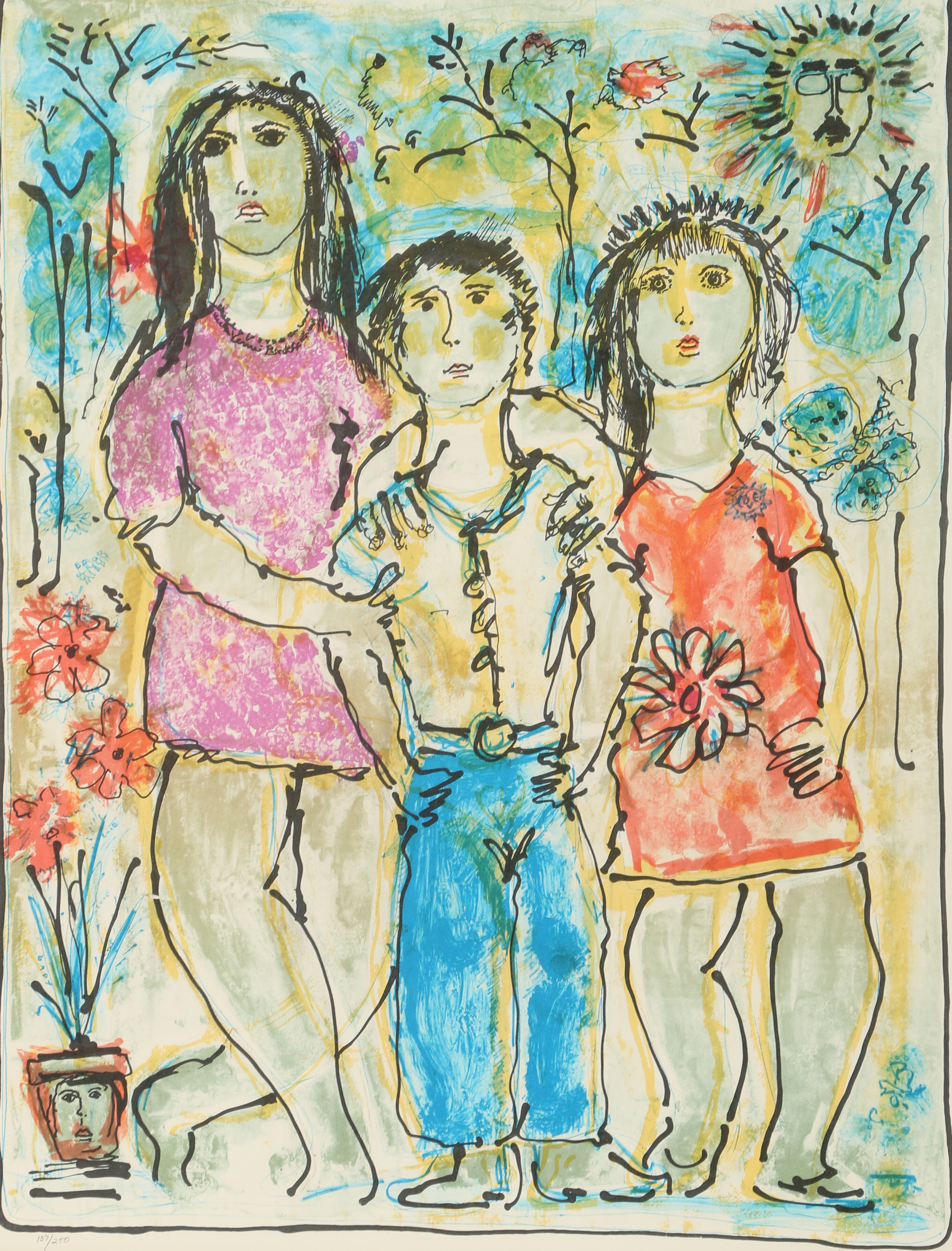 Yanni Posnakoff Circa 1970s Lithograph of Woman and Two Children