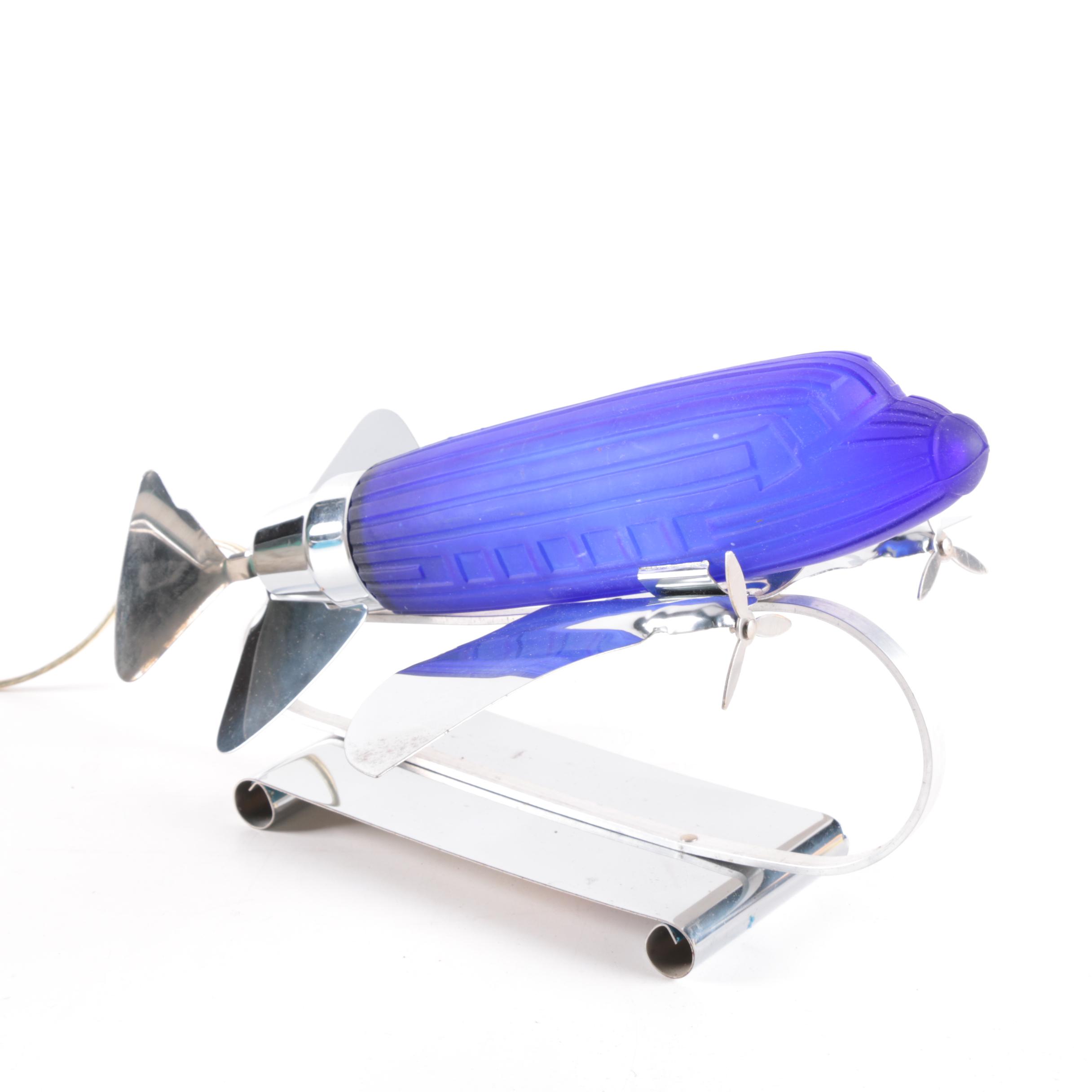Vintage Art Deco Sarsparilla Blue Glass Airplane Table Lamp