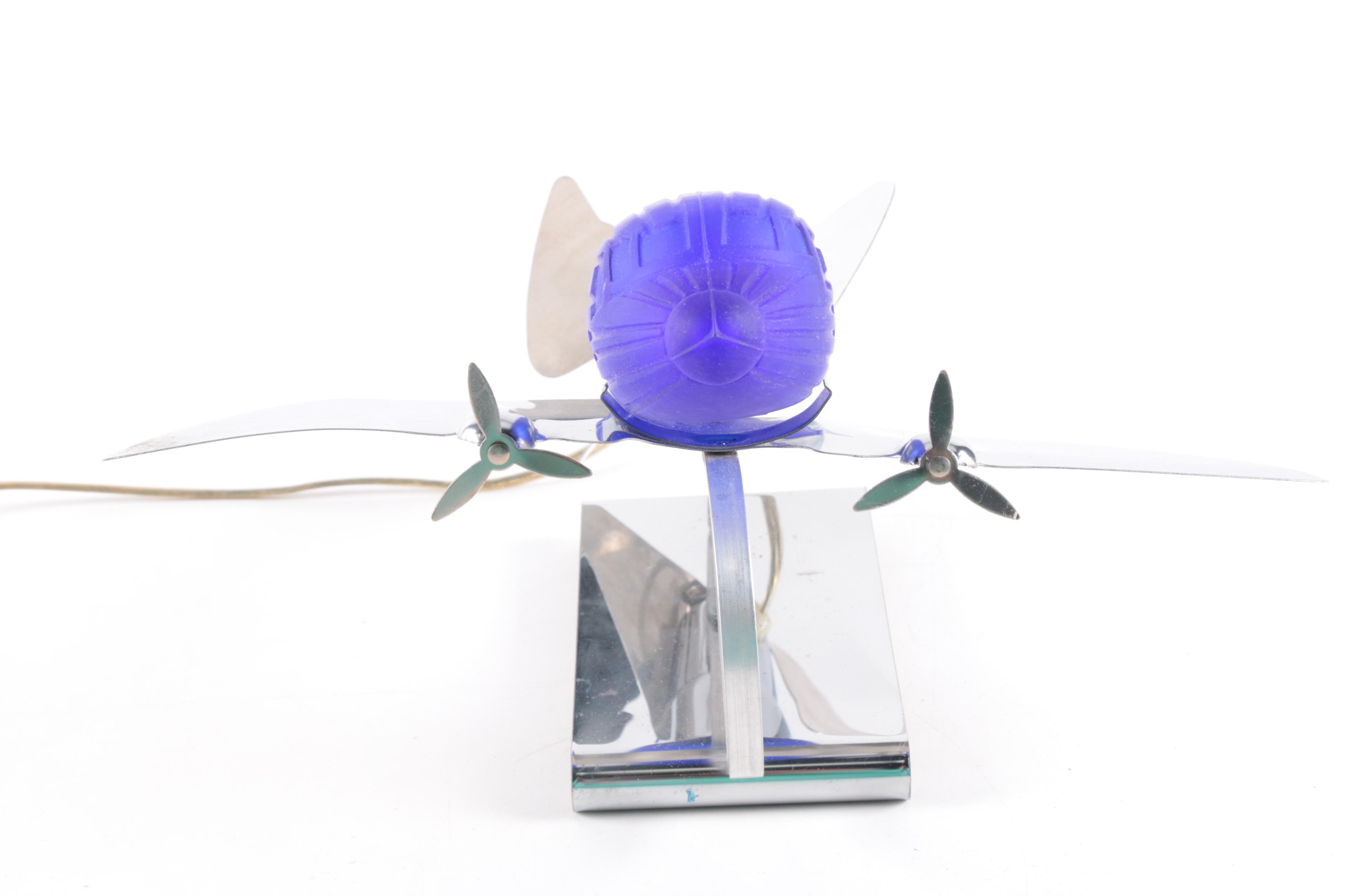 Vintage Art Deco Sarsparilla Blue Glass Airplane Table Lamp