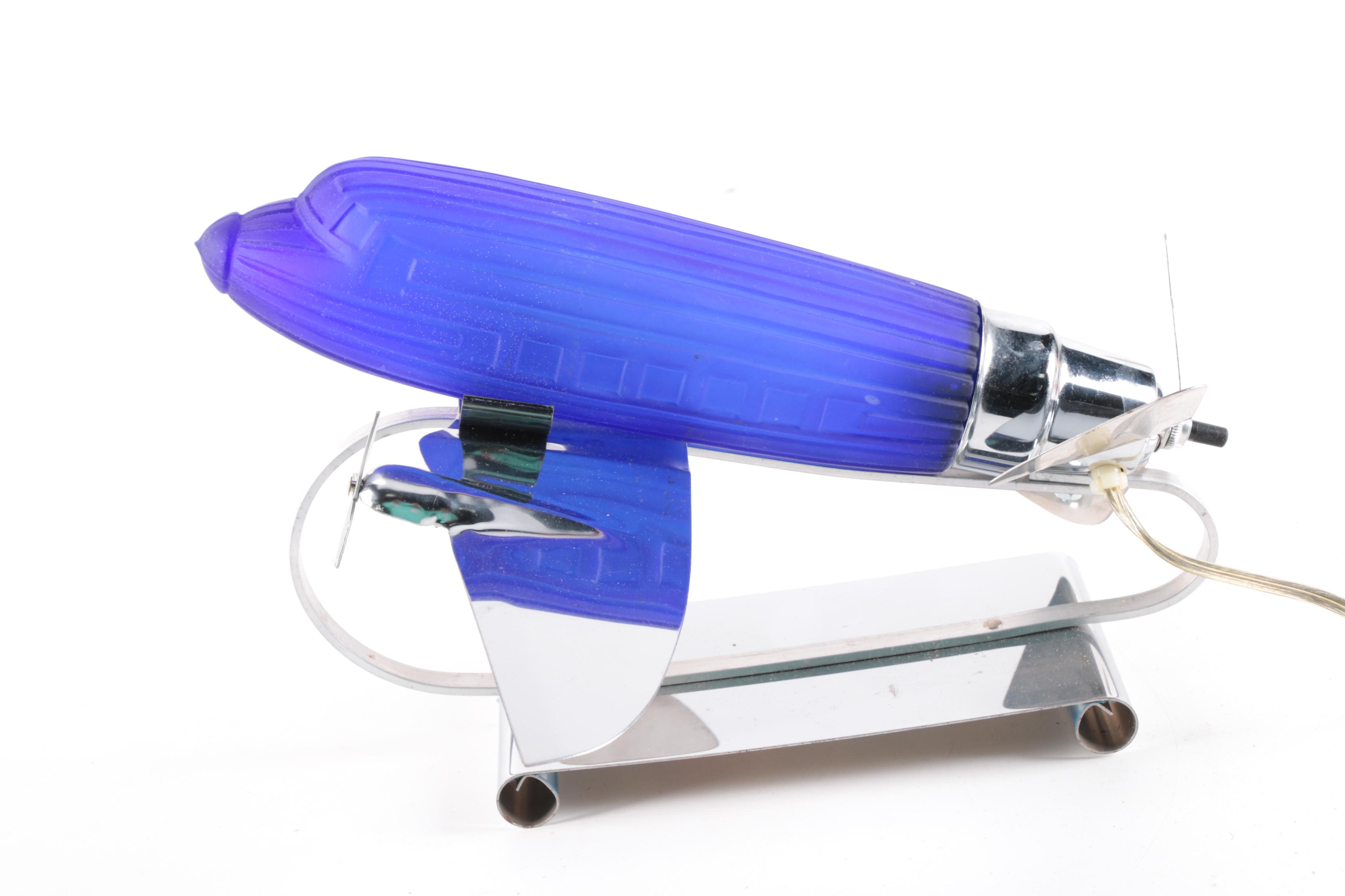 Vintage Art Deco Sarsparilla Blue Glass Airplane Table Lamp