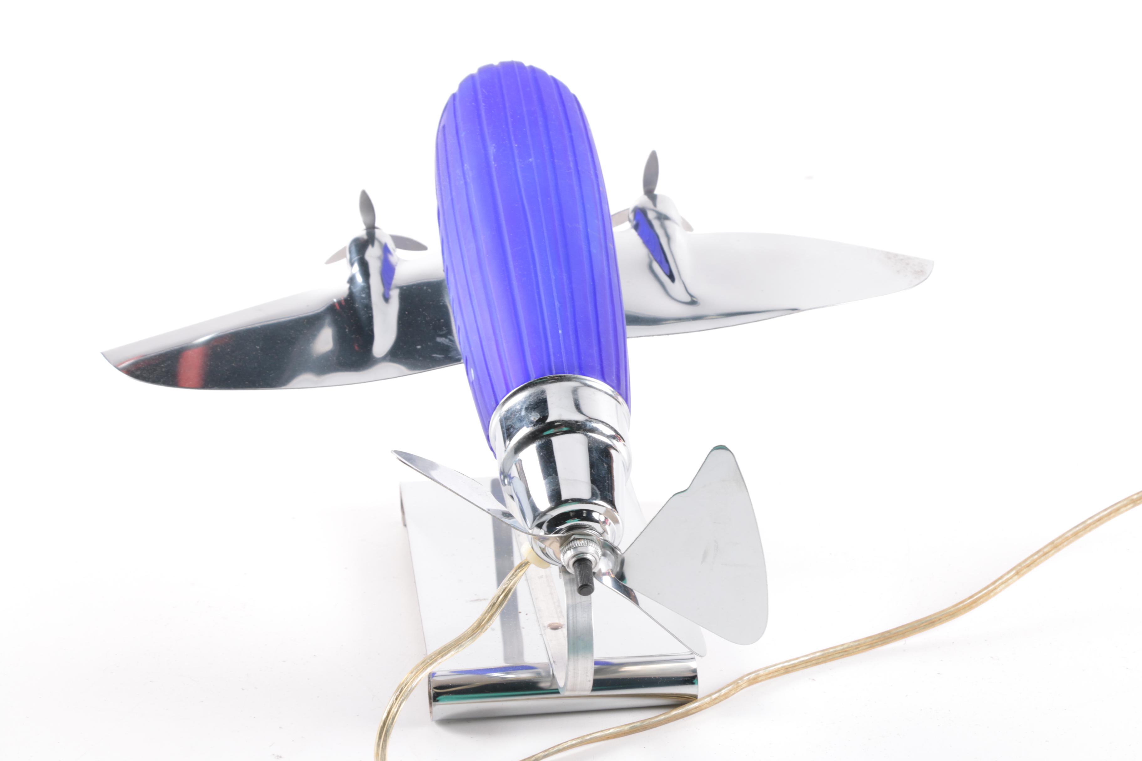 Vintage Art Deco Sarsparilla Blue Glass Airplane Table Lamp