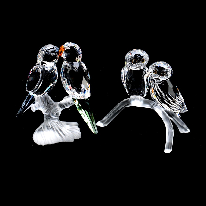 Swarovski Crystal Budgies and Owls Figurines