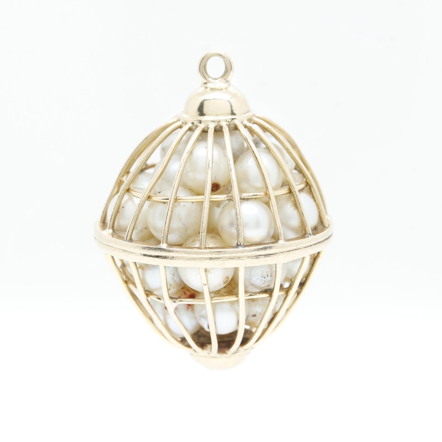 14K Yellow Gold Cultured Pearl Cage Pendant