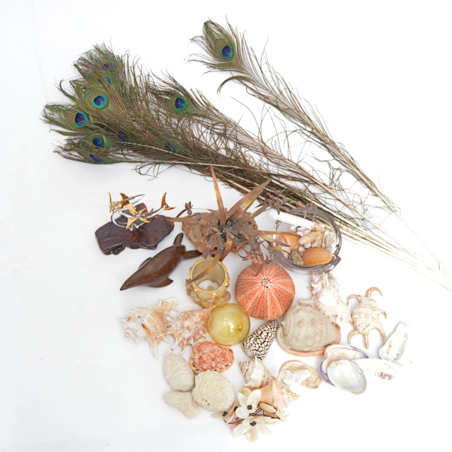 Seashells, Peacock Feathers, Fishing Float and Animal Sculptures