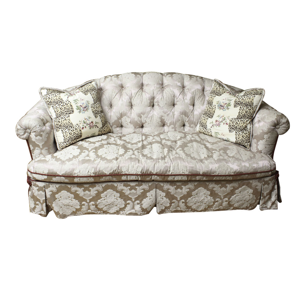 Ivory Damask Tufted Sofa with Decorator Pillows