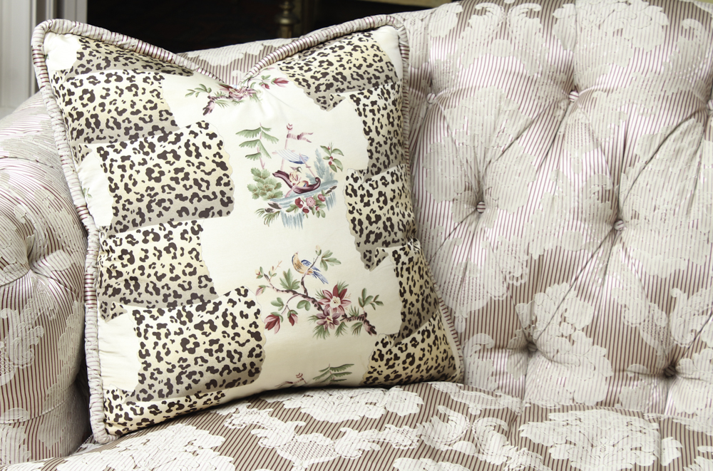 Ivory Damask Tufted Sofa with Decorator Pillows