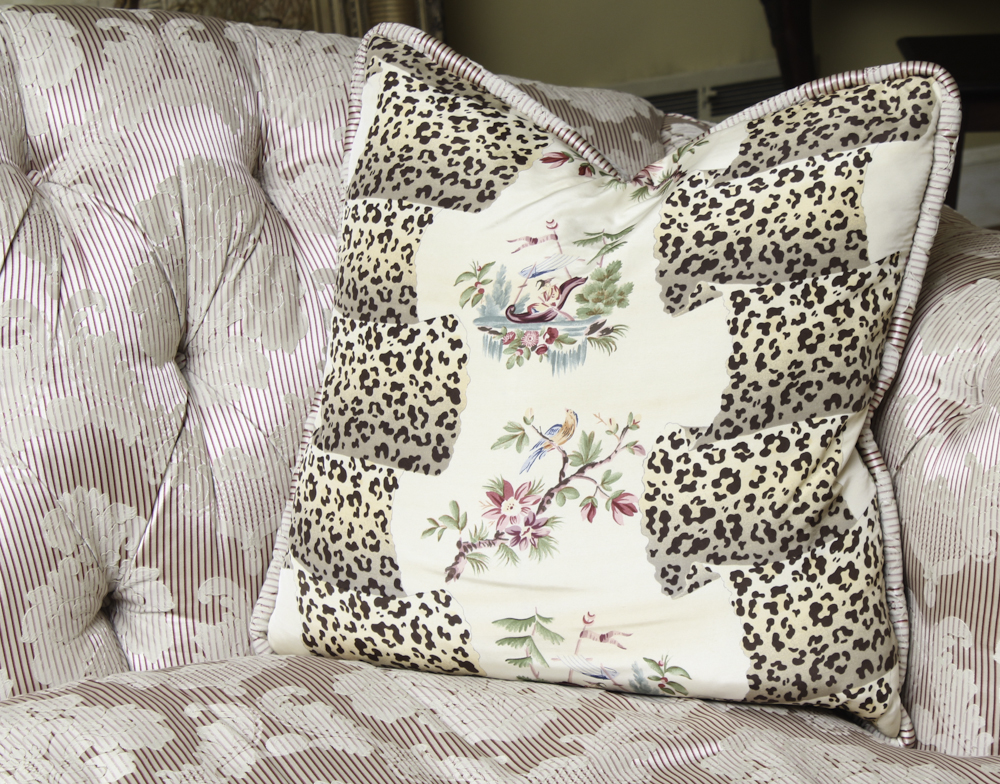 Ivory Damask Tufted Sofa with Decorator Pillows