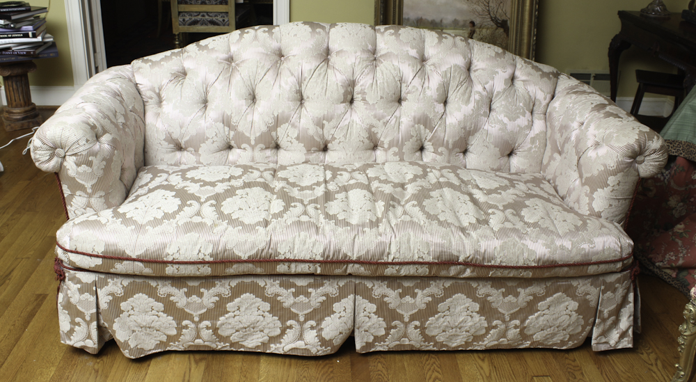 Ivory Damask Tufted Sofa with Decorator Pillows