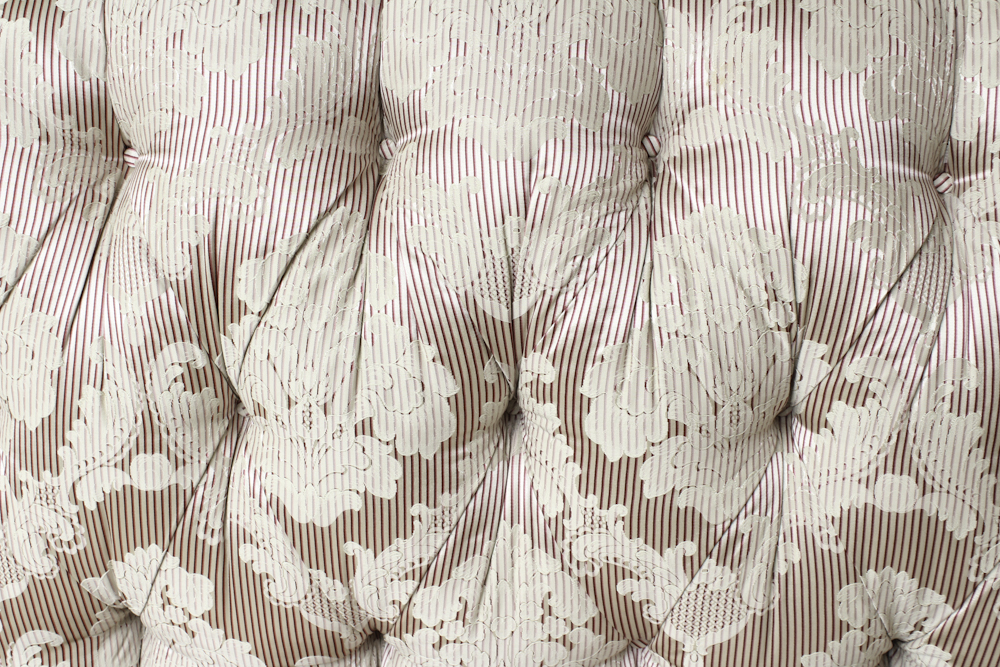 Ivory Damask Tufted Sofa with Decorator Pillows