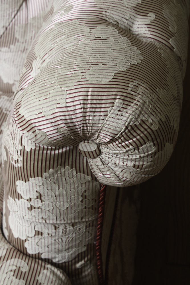 Ivory Damask Tufted Sofa with Decorator Pillows