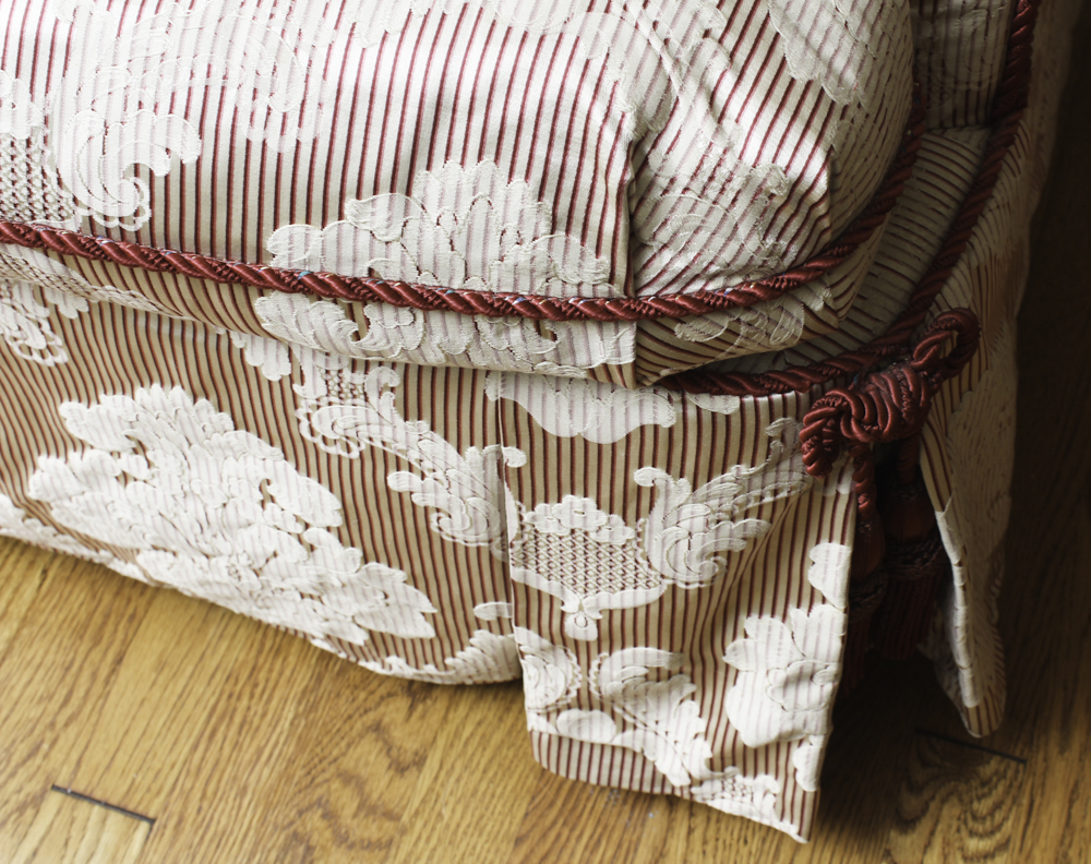 Ivory Damask Tufted Sofa with Decorator Pillows