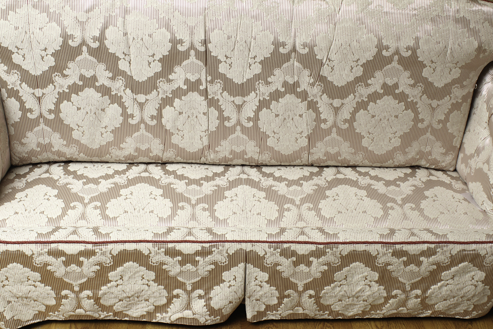 Ivory Damask Tufted Sofa with Decorator Pillows